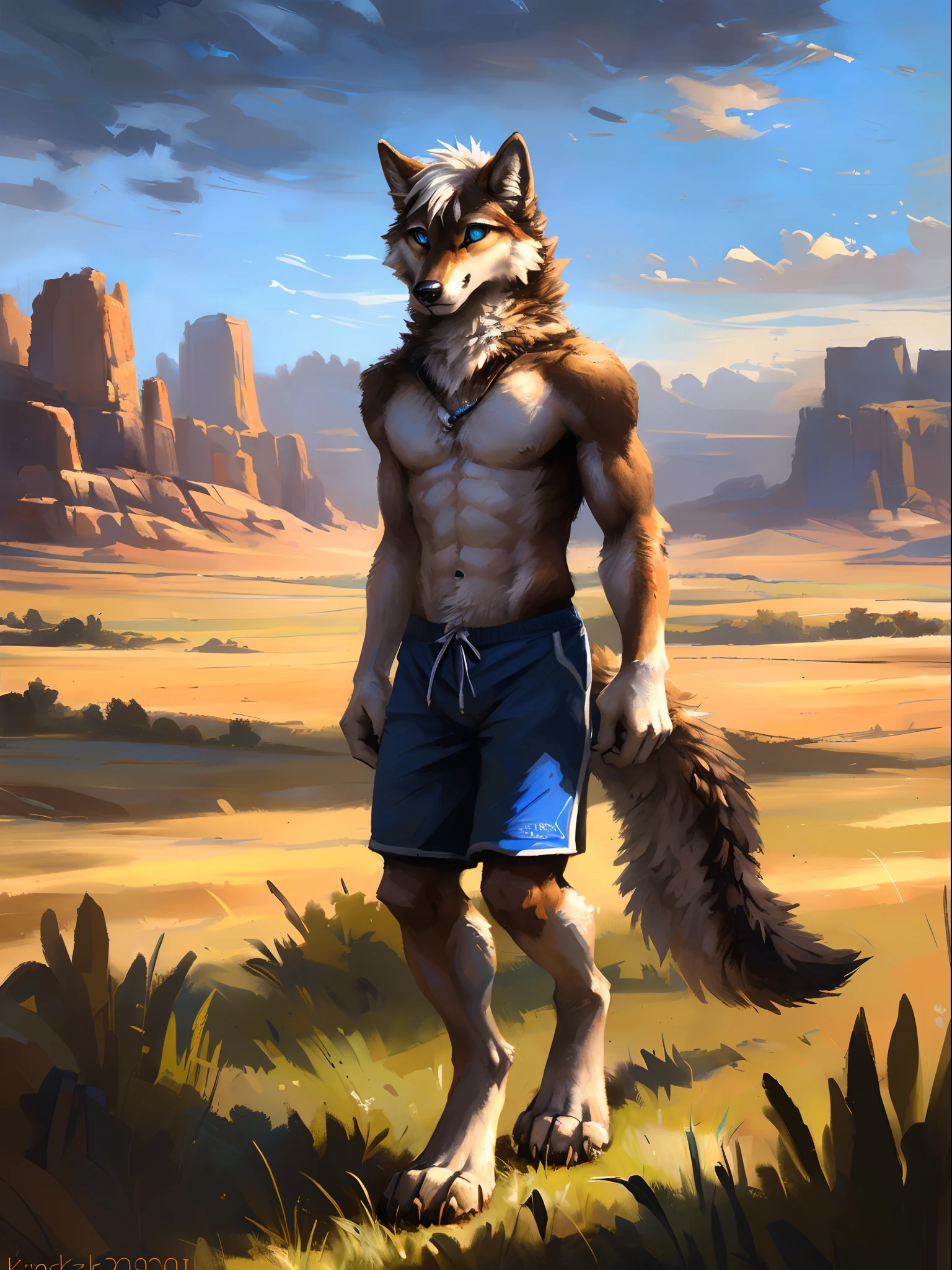 ((Solo)), male people, anthro wolf, (Multi-colored fur, White-brown:1.3), ((Wolf face, White hair, Big eyes, White eyelids, Blue pupil, Slim:1.2) (Tough, Calm expression:1.2)), Abs, Slim, pinging)), (Correct anatomy), (Work shorts:1.1), (Contour bone:1.2), The upper body is naked, (detailed outfits),A big tail,Feet,(Realistic fur, Detailed fur texture, labeled:1.3)), (Natural lighting), Photorealistic, Hyperrealistic, ultradetailed, by Kenket,Endless grasslands,No artificiality,erect through