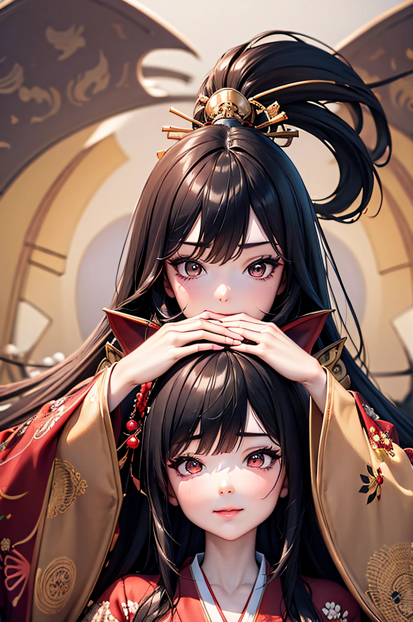 (masterpiece), best quality, expressive eyes, perfect face Beautiful Japanese woman cartoon, cartoon is cute anime, Beautiful Japanese kimono, There is a dragon embroidery on the kimono. kimono colour is black and red, Japanese woman is long hair, hair colour is Black, hair style is ponytail, single eyelids, eye style is hooded and sultry and deep set and captivating and enigmatic, Facial expression is smile, situation is beautiful image.
