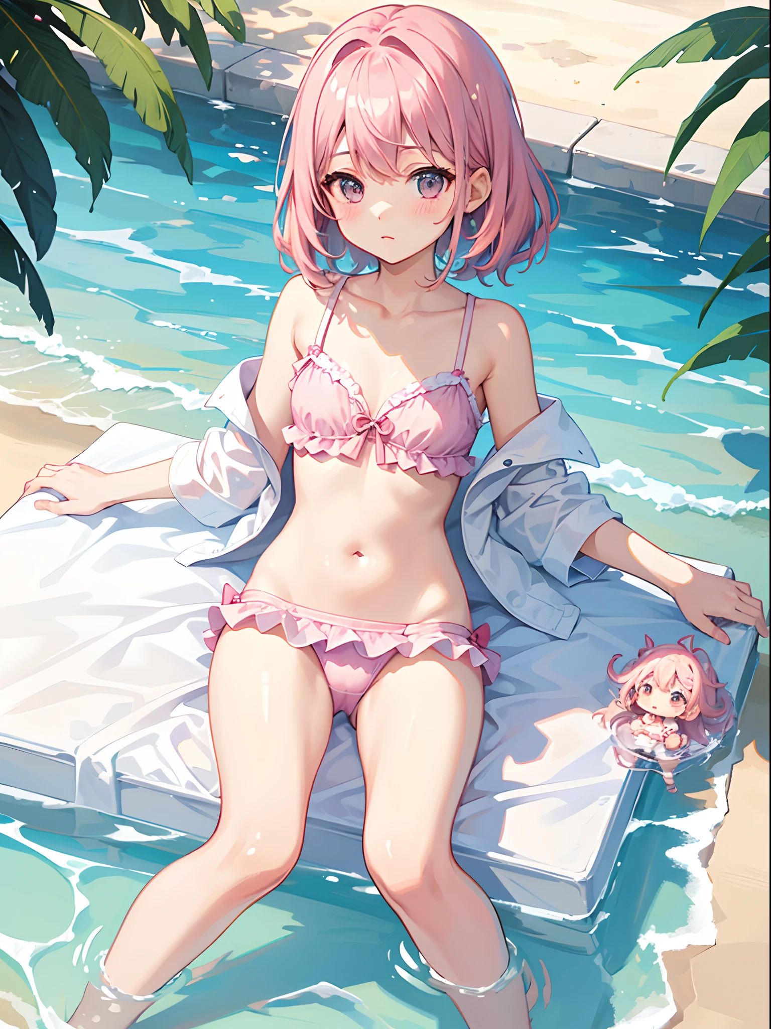 One girl、Pink hair、PastelColors、cute little、blush、swim wears、Summer