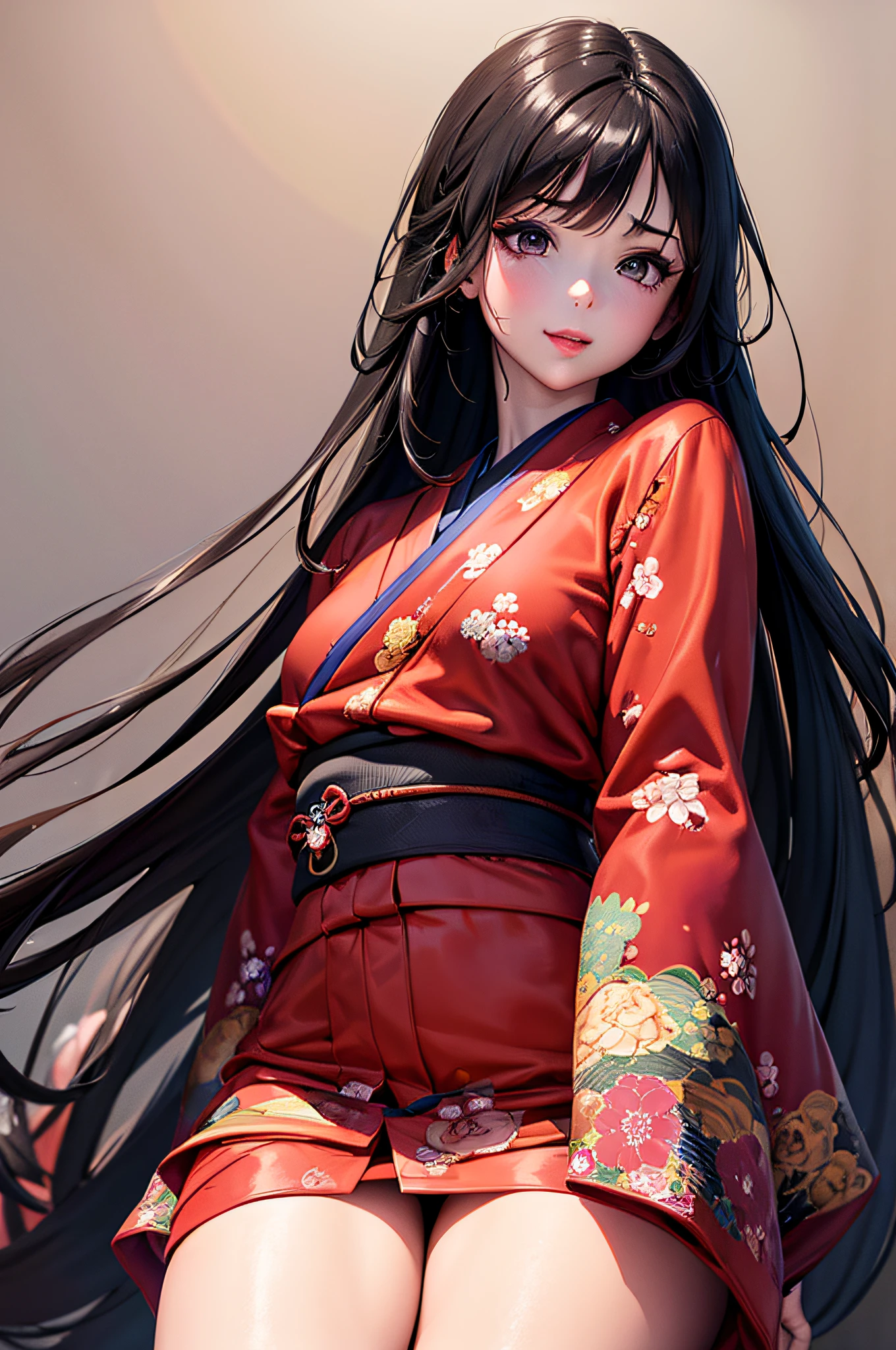 (masterpiece), best quality, expressive eyes, perfect face Beautiful Japanese woman cartoon, cartoon is cute anime, Beautiful Japanese kimono, There is a dragon embroidery on the kimono. kimono colour is black and red, Japanese woman is long hair, hair colour is Black, hair style is ponytail, single eyelids, eye style is hooded and sultry and deep set and captivating and enigmatic, Facial expression is smile, situation is beautiful image.