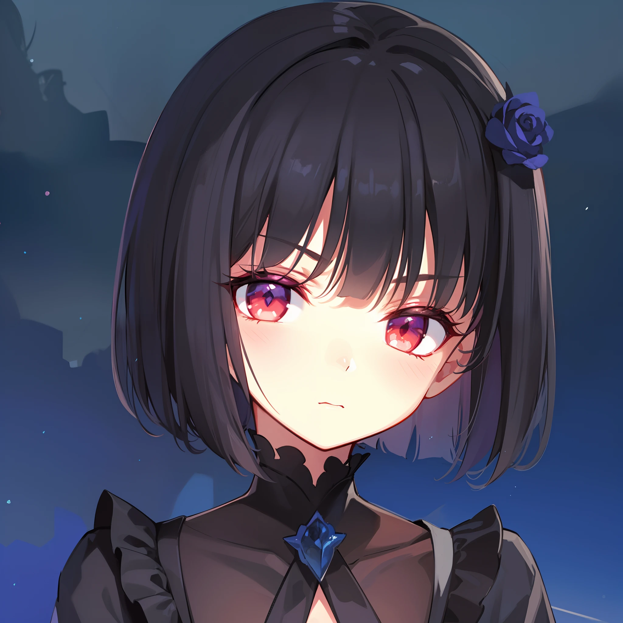 hiquality, tmasterpiece (one girls). dark short hair. purple rose on hair. Dark gothic outfit. red-eyes. An indifferent face. Narrow mouth. against the background of the night sky