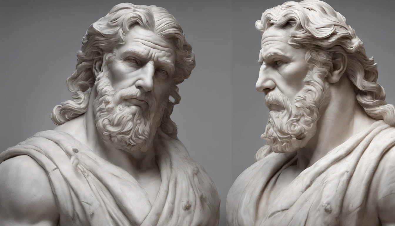a stoic man sculpted in white marble | stoic and detailed | espiritual  | fine art | peaceful | detailed eyes | highly detailed | smooth | sharp focus | illustration| bathing in light | art by artgerm and greg rutkowski and edgar maxence | a thunderstorm in the background | the man on the left of the picture