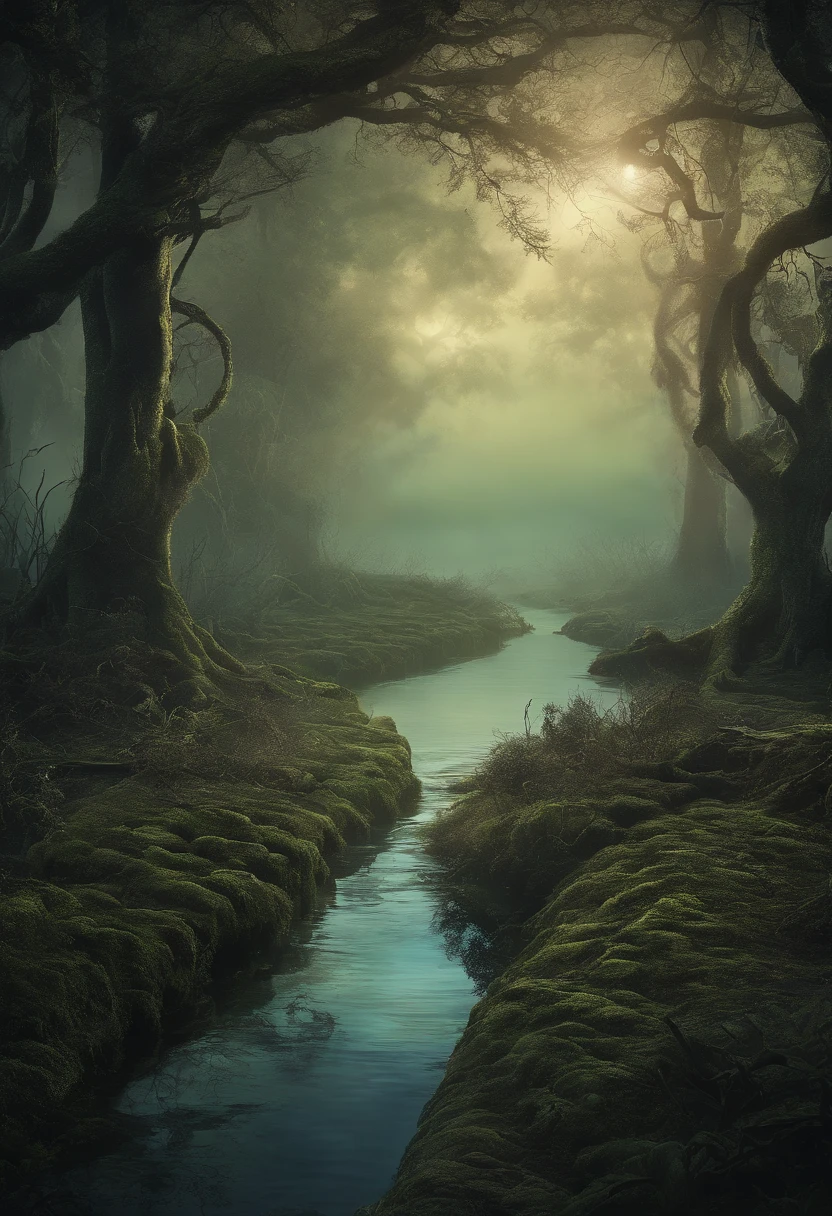 In a horrible fairy-tale swamp under the moonlight, with a traveler (best quality,4k,8k,highres,masterpiece:1.2),ultra-detailed,(realistic,photorealistic,photo-realistic:1.37), HDR, UHD, studio lighting, extreme detail description, professional, vivid colors, bokeh, eerie atmosphere, dark shadows, glowing plants, misty surroundings, mysterious creatures emerging, moonlight reflections on the water, moss-covered rocks, creepy tree branches stretching, thick fog, lonely traveler navigating through the swamp cautiously, intense sense of danger, moonlight illuminating the twisted path, sound of distant howling, muffled croaking of frogs, eerie silence broken by rustling leaves, sinister secrets hidden beneath the murky water surface, dense vegetation creating a claustrophobic ambiance, haunting beauty, ominous energy filling the air, the traveler's terrified expression, clinging to a lantern for limited visibility, worn-out backpack, tattered maps, signs of previous explorers' presence, shivers crawling up the spine, heart pounding, mysterious foggy figures lurking in the distance, paranormal presence, the traveler's footprints slowly disappearing behind, the traveler's desperate escape from the cursed swamp.