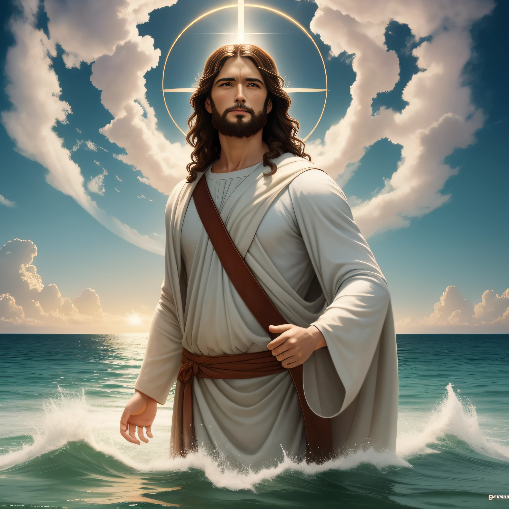 Real Jesus flying in the sky with a flying cloud in the background, Jesus walking on water, biblical illustration, epic biblical representation, forcing him to flee, saindo do oceano, ! holding in his hand!, Desembarcar, Deus do Oceano, beautiful depiction, Modelo 3D 8k, Realistic,
a realistic 3D of Jesus with a halo in the sky, Jesus Cristo, Smiling in the sky, Retrato de Jesus Cristo, rosto de Jesus, 35 jovem deus todo-poderoso, Retrato de um Deus Celestial, Greg Olsen, Jesus Gigachad, jesus of nazareth, Jesus, A face de Deus, Deus olhando para mim, he is greeting you warmly, he is happy, imagem do avatar, 2048 x 1152