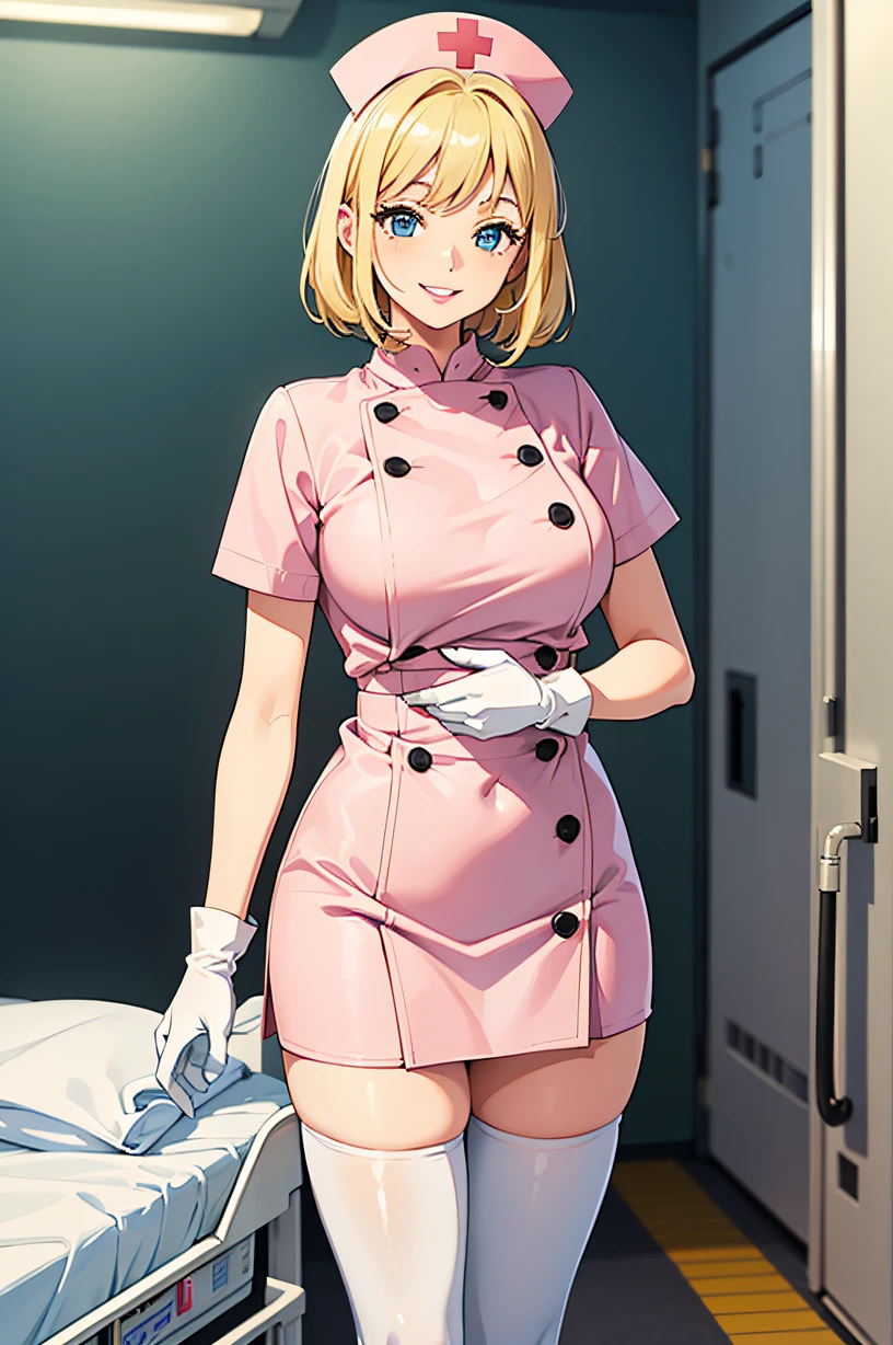 1woman, solo, nurse, white nurse cap, white nurse uniform, ((white legwear, zettai ryouiki)), white gloves, blonde hair, blue eyes, pink lips, smile, standing, ((hospital room)), sharp outline, short sleeves, mature female, 35 years old, best quality, masterpiece