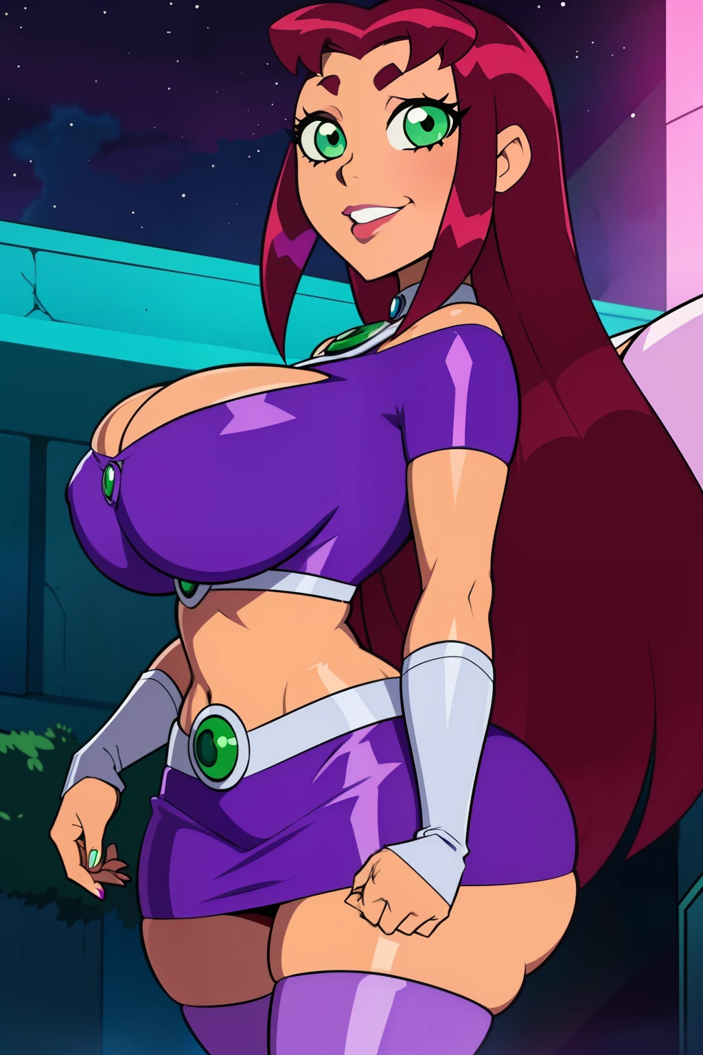  titans, Starfire, 1girl, ((bimbo))), smile face, green eyes, long red hair, puffy lips, painted lips, thick lips, wide hips, thick thigh, big breast, huge ass, shiny skin, oily skin, purple skirt, purple top,