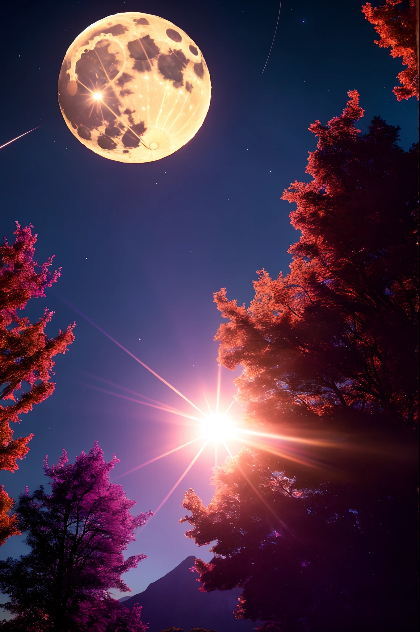 Vast landscape photos, (from below, sky above, open fields below), (Full Moon: 1.2), (Meteor: 0.9), (Nebula: 1.3), Distant Mountains, Trees BREAK Making Art, (Warm Light Source: 1.2), (Firefly: 1.2), Lamps, Lots of Purple and Orange, Intricate Details, Volume Lighting BREAK (Masterpiece: 1.2), (Best Quality), 4K, Ultra Detailed, (Dynamic Composition: 1.4), Detailed, Colorful, (Iridescent: 1.2), (Glow, Atmospheric Lighting), Dreamy, Fantastic, (Solo: 1.2)