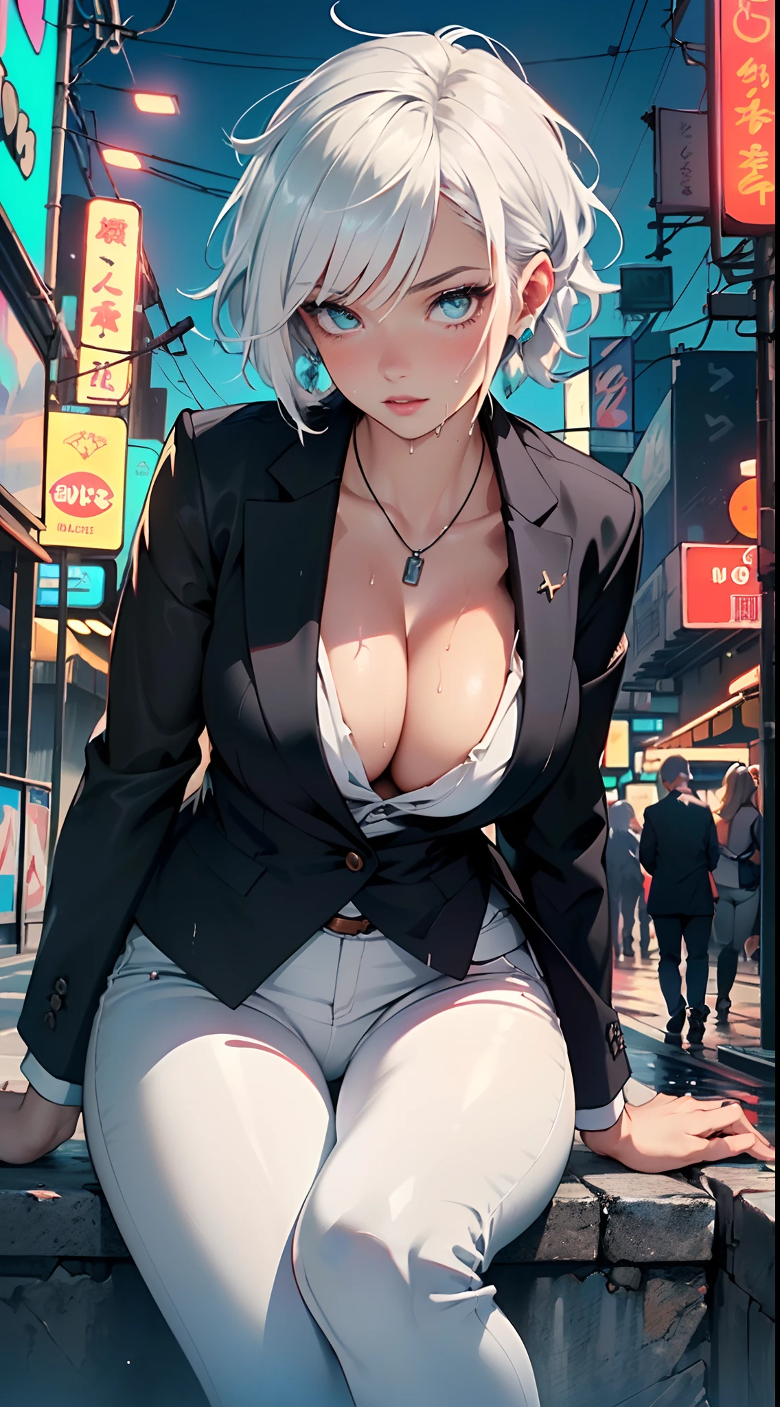 cute albino girl,(((1girl))),((albino girl with extremely cute and beautiful white hair)),
(small breasts:1.4),(((white hair:1.35,colored inner hair,ear breathing,small white hair,tomboy haircut))),((heterochromia:1.5, (aqua_eye and white_eye))),intricate eyes,beautiful detailed eyes,symmetrical eyes,((fat)),(((pale skin,lustrous skin:1.5,bright skin: 1.5,shiny skin,very shiny skin,shiny body,plastic glitter skin,exaggerated shiny skin,illuminated skin,wet legs))),(spider lower abdomen,narrow waist,wide hip,athletic body,inflated legs,detailed body,(detailed face)),
cute,slutty,seductive,erotic,(((nsfw))),
(((wearing white formal blazer,white pants,))),(((huge cleavage))),((wet clothes,intricate outfit,intricate clothes)),
(dynamic pose:1.0),solo focus,embarrassed,(centered,scale to fit dimensions,Rule of thirds),
cyberpunk city by the ocean at night, with bright neon signs and dark stormy clouds and puddles, scenery:1.25,
artistic photography,(photography taken by sldr),highres, sharp focus, (ultra detailed, extremely detailed), (photorealistic artwork:1.37),(extremely detailed CG unity 8k wallpaper),((synthwave background theme)),(((vibrant colors))),(intricate background),(masterpiece),(best quality)