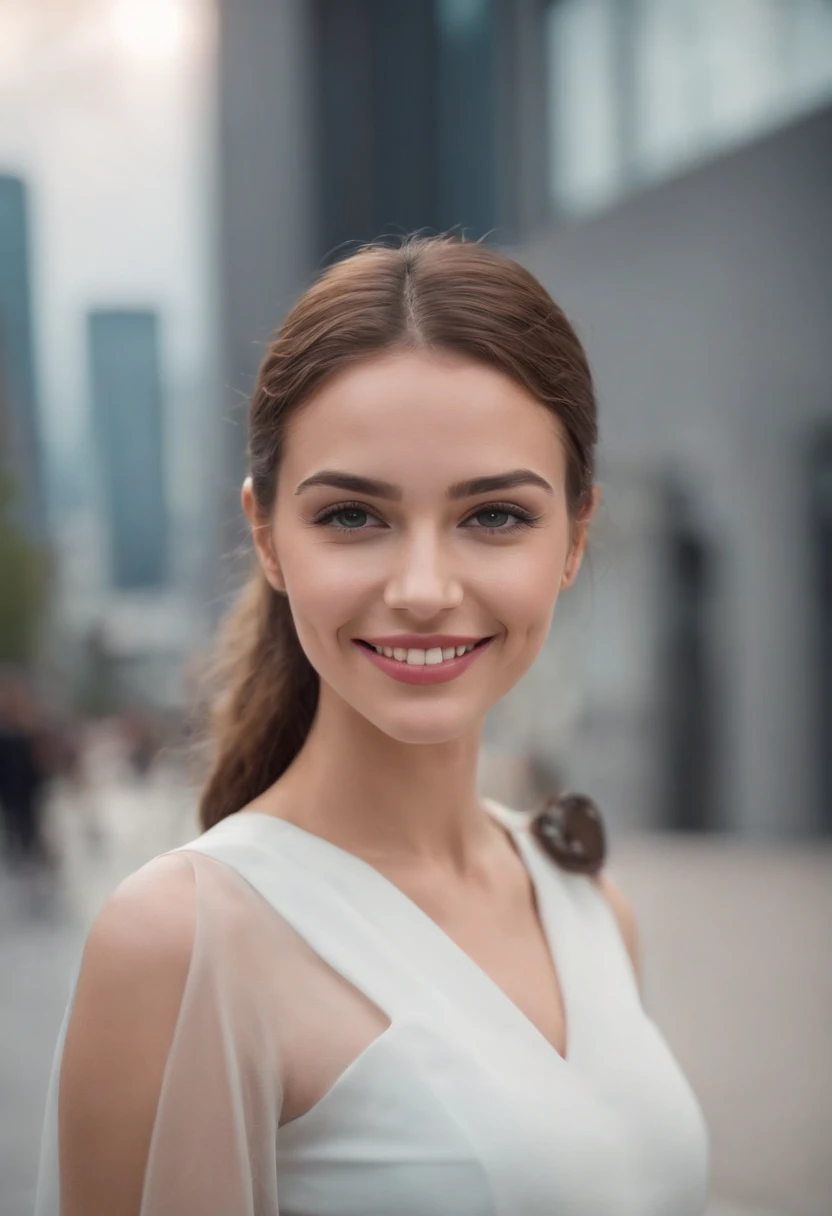 A 26-YEAR-OLD WOMAN WELL DRESSED IN A FUTURISTIC SETTING WITH A BEAUTIFUL SMILE,VISTA FRONTAL,EM UMA CIDADE FUTURISTA