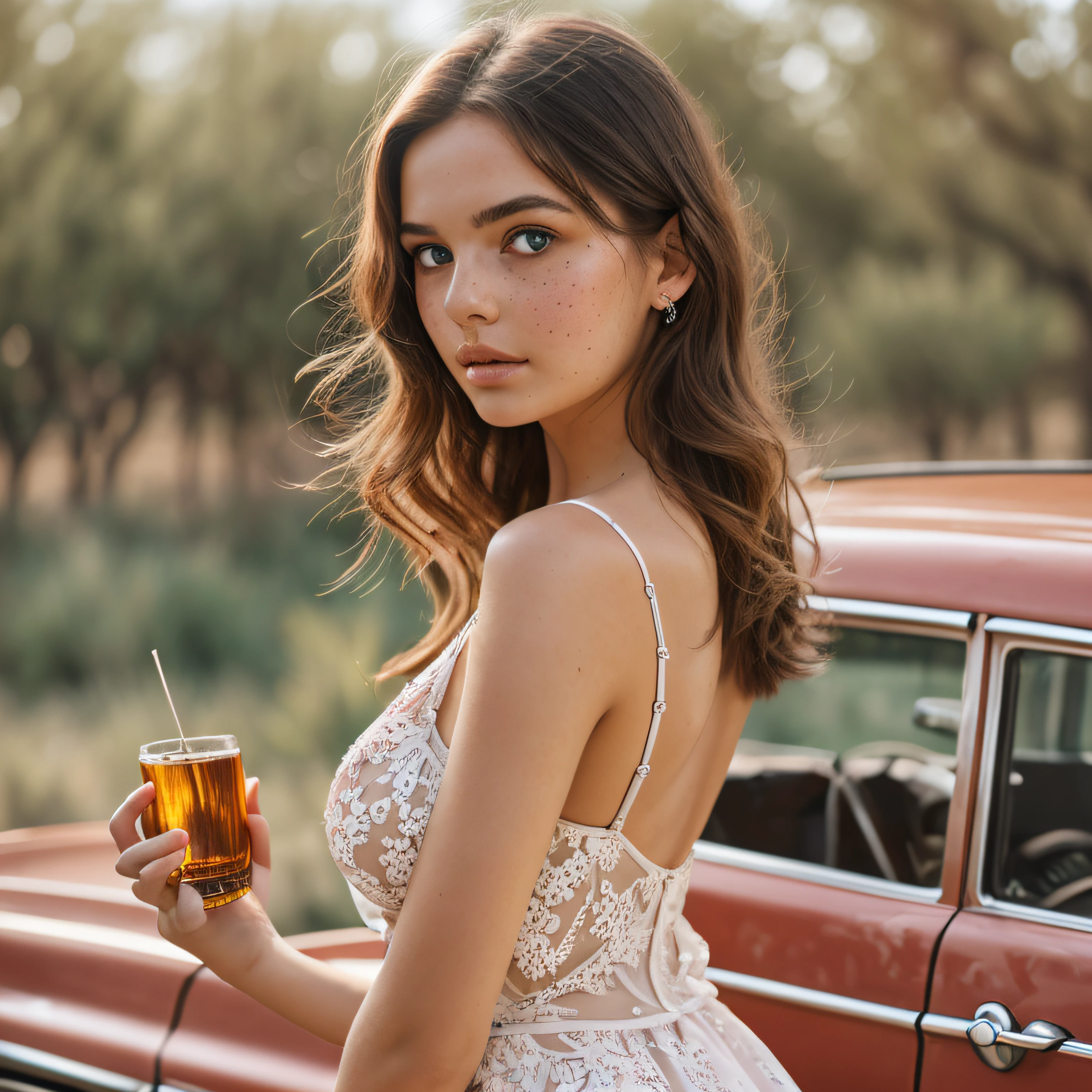 RAW, Analog, Nikon Z 85mm, Award winning glamour photo, ((Best quality)), ((Masterpiece)), ((Realistic)), 18th century, Vintage image, Gorgeous French girl, PINK SHORT transparent dress, no underwear, 18 years old, (long brown hair), hazel eyes, [[SHOW ASS]], large perky breasts, seen from behind, standing near a RED VINTAGE CAR with the [DESERT] in the background, ((large breasts)), innocent, petals in the air, ((freckles)), intricate detail, very detailed, sharp focus, digital rendering, professional, 4k, artstation, artgerm, spring flowers, divine light, hand model, attractive blue eyes, petite, exquisite, innocent, high resolution, detailed facial features, high detail, sharp focus, smooth, aesthetic, highly detailed, photo_(ultra), realistic, realistic, post-processing, maximum detail, roughness, real life, hyper-realistic, photorealistic, photography, 8k uhd, photography, light, TOTAL-SILHOUETTE, Russian face, octogenarian rendering