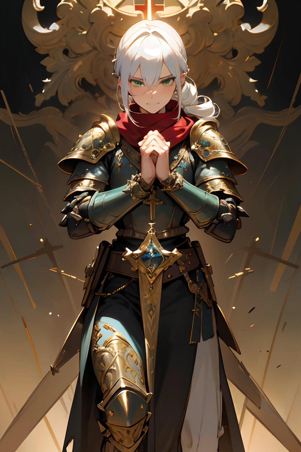 Masterpiece, ultra-high quality, very detailed, trending on ArtStation, 1man, (effeminate), knight, long hair, (white hair), ((chignon haircut)), looking at viewer, extremely detailed eyes, (green eyes), blushing slightly, serious grin, detailed nose, scar under left eye, ripped scarf, (red scarf), spiked pauldrons, (golden ornaments), ornate chest plate armor with gemstones, (blue gemstones), dented details on armor, belts and buckles on waist, deteriorated bulky Greaves, thick leather leg armor, (detailed leg muscles), great sword stuck in the ground, (gold detailed cross-guard), ((black leather grip)), praying on knees, destroyed dark church background, dark ambiance, ambiance light