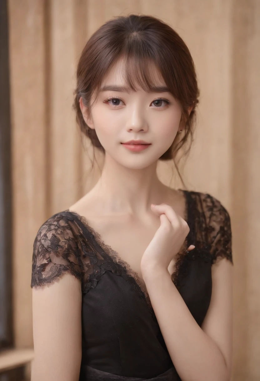 top-quality, Photorealsitic, ​masterpiece, 8K, Hi-Res, 独奏, 1girl in, (((infp young woman))),sixteen years old、full body Esbian、(small tits), ((Look at viewers)), (look at a camera), ((Different hairstyles close to long)）、Perfect straight black hair、(((With bangs)))、 (profetional lighting), Highly detailed bright face、Gentle Japan girl、Lovely smile、Small cleavage、With lace、pink  dress（long-sleeve）、Standing in the room