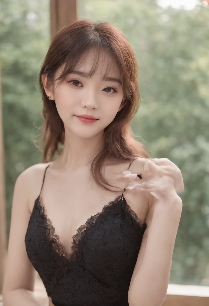 top-quality, Photorealsitic, masterpiece, 8K, Hi-Res, 独奏, 1girl in, (((infp young woman))),sixteen years old、full body Esbian、(small tits), ((Look at viewers)), (look at a camera), ((Different hairstyles close to long))、Perfect straight black hair、(((With bangs)))、 (profetional lighting), Highly detailed bright face、Gentle Japan girl、Lovely smile、Small cleavage、With lace、pink dress(long-sleeve)、Standing in the room