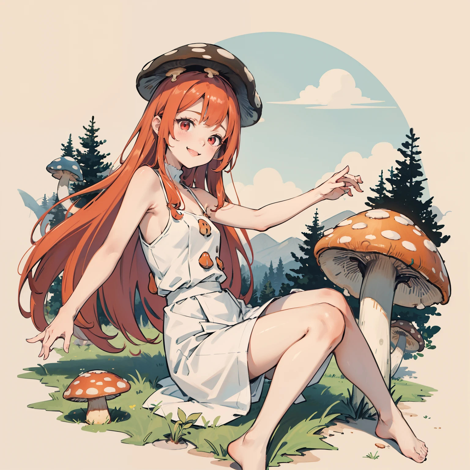 1girll, Long orange-red hair, Red eyes, dress, (Solo:1.3),Simple drawing, Mushrooms and girls, Cute, Big smile, Mushrooms + Mushrooms + Mushrooms + Mushrooms + Mushrooms,Red mushrooms，Cyan mushrooms，White mushrooms，From the side Side，Dancing，Watercolor illustration, Perfect anatomy, Masterpiece, Best quality, 1girll, ,Nature, landscape