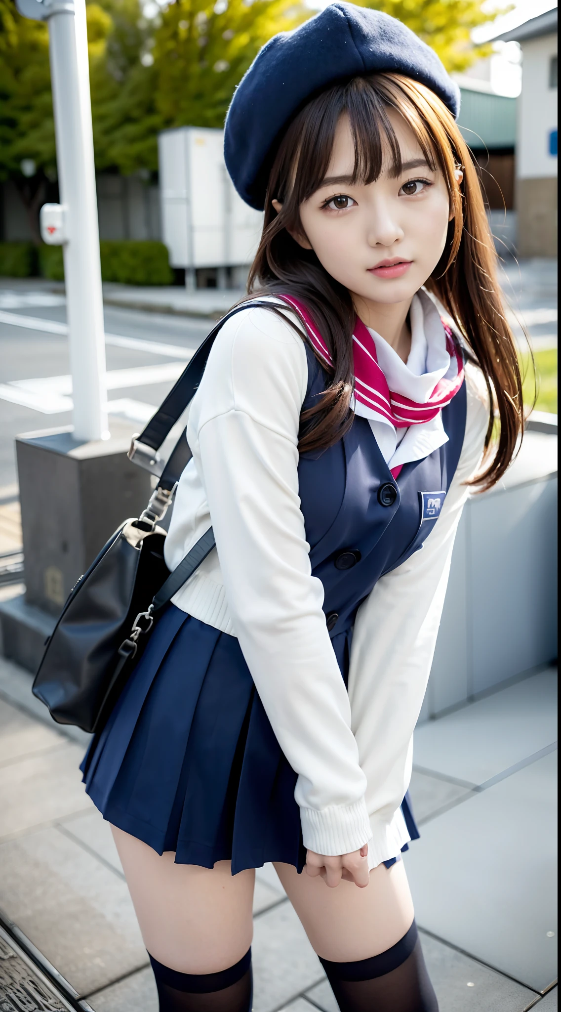 mix4, (16 K, Raw photography, Top image quality, masterpiece: 1.45), (realisitic, Photorealsitic: 1.37), one girls, 7.5, etc、Random hairstyle、Standing figure,Daytime、a very cute,Station platform,, profetional lighting, photon maping、physically-based renderingt, Gradient dark brown hair,Crisp backgrounds and high resolution, a handsome, Well-groomed and beautiful eyes、Large double eyelids、Very shiny、girl with, (((student clothes、Winter clothes、Sailor suit worn by Japan girl、Navy blue sailor color、scarf、a miniskirt, Small beret、high socks、lowfers、Frugal bag))), Top Quality Photos, hight resolution, 1080p, (clearface), (Detailed face description), (Detailed hand description), (masterpiece), (Exquisite CG)、extreme light and shadows、dishevled hair、master work、abundant detail、(Fine facial features)、(top quality photo)、(masuter piece)、(A detailed eye)、Look in front of you、Fine clavicle、((Slender big))、(((Japan schooln sailor suit)))、((Idle system))、((Station platform、wicket、train track、railroad crossing))、(((neat and cute)))、耳Nipple Ring、A big smile、Drawing the whole body from the knees、Do not draw nasolabial folds、(((Long sleeve sailor suit)))、(Big breasts that hang down big:1.2)、Big buttocks with tension、Two arms and two legs、(((from the front side:0.3)))、bare hand、No mask、No skin exposure