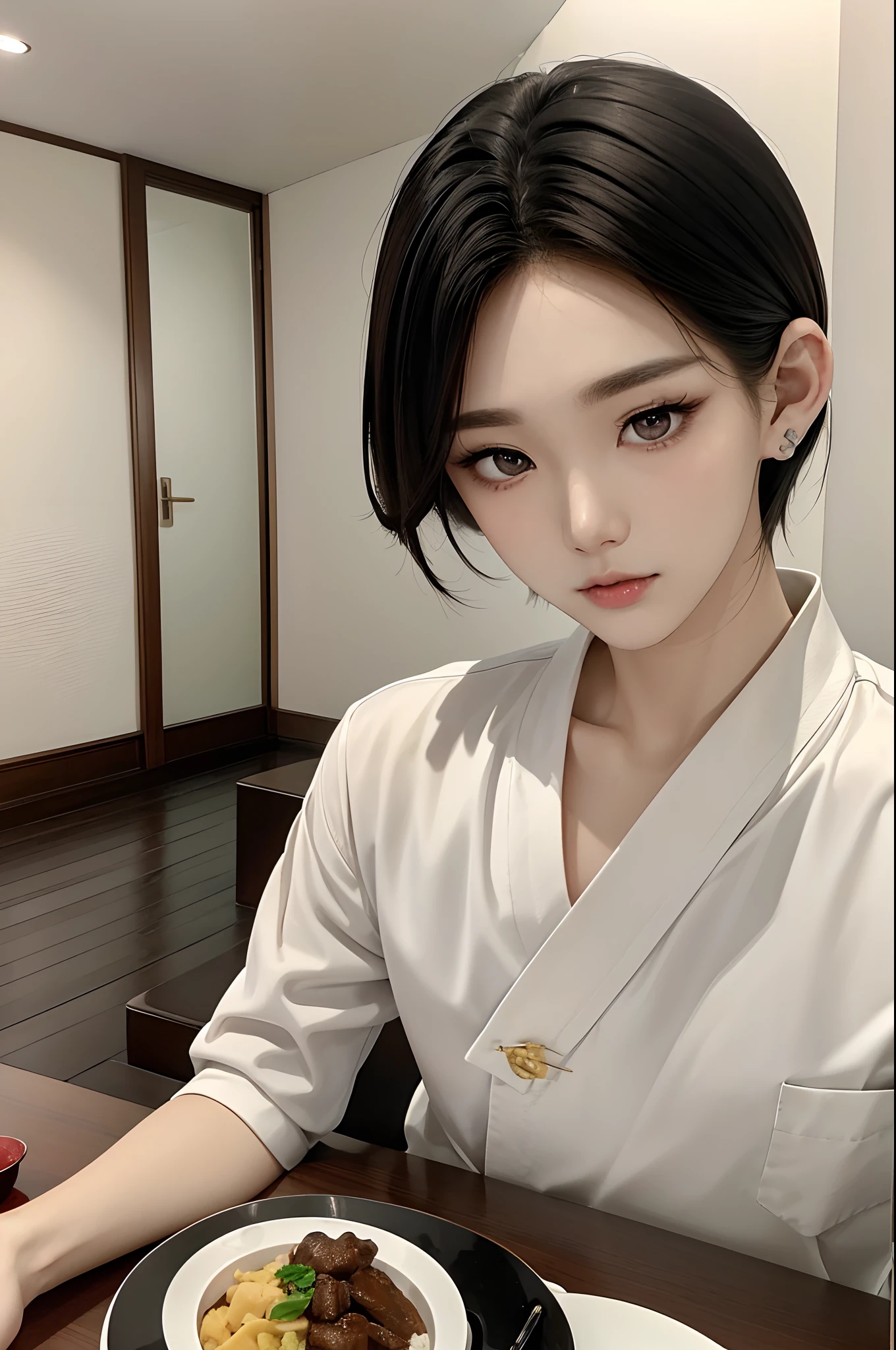 masterpiece、top-quality)、One Manly Boy、Slim body、((Black and white plain clothes:1.1))、(Detailed beautiful eyes)、In the kitchen of a rich man's house、Face similar to Chaewon in Le Selefim、((short hair above the ears))、((Smaller face))、((Neutral face))、((Light brown eyes))、((Korean boy))、((18year old))、((Handsome man))、((Wild look))、((Korean Makeup))、((elongated and sharp eyes))、((Happy dating))、((In the middle of the meal))、((Looking Up))、((shot from front))
