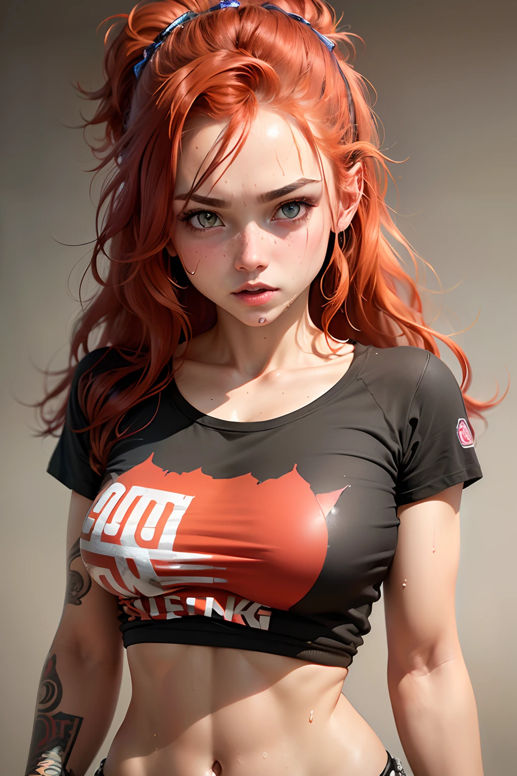 (1girl), medium breasts, tan, dewy skin, sweaty skin, wavy red hair, punk tshirt, punk girl