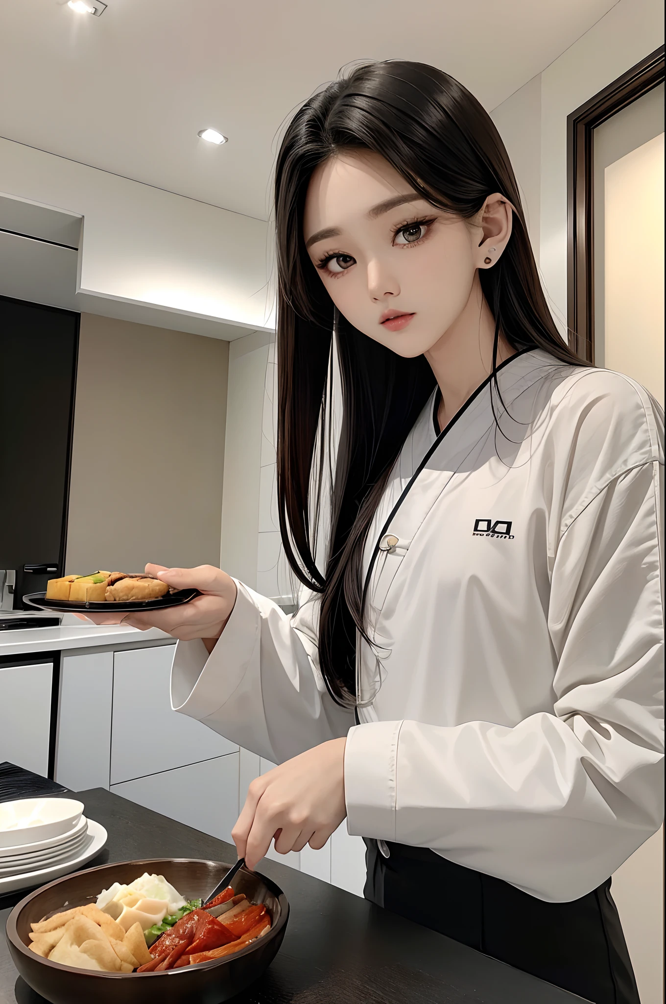 masterpiece、top-quality)、One Manly Boy、Slim body、((Black and white plain clothes:1.1))、(Detailed beautiful eyes)、In the kitchen of a rich man's house、Face similar to Chaewon in Le Selefim、((short hair above the ears))、((Smaller face))、((Neutral face))、((Light brown eyes))、((Korean boy))、((18year old))、((Handsome man))、((Wild look))、((Korean Makeup))、((elongated and sharp eyes))、((Happy dating))、((In the middle of the meal))、((Looking Up))、((shot from front))