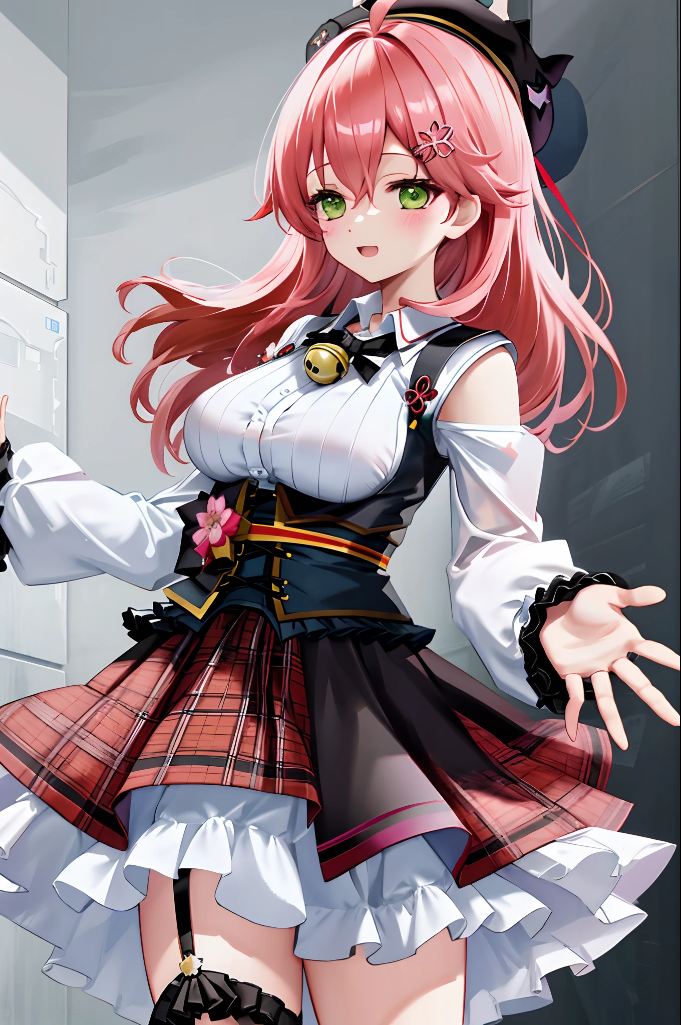 masutepiece, Best_Quality, hight_resolution, miko2,Ponytail, 1girl in, Green eyes, Ahoge, black headwear, Hair Ornament, White shirt, black thighhighs, Pink hair, Red very_short_skirt, plaid skirts, garter_strap, Collared shirt, hair clips, frilld, Bangs, hair between eye, frills skirt, beret, Pleated skirt, Hair Flower, Neck bell, , puffy long sleeves, Black bow, Underbust, Cowboy Shot,Smile, big_breasts,covered_nipples, covered_pussy,close_eyes, happy,