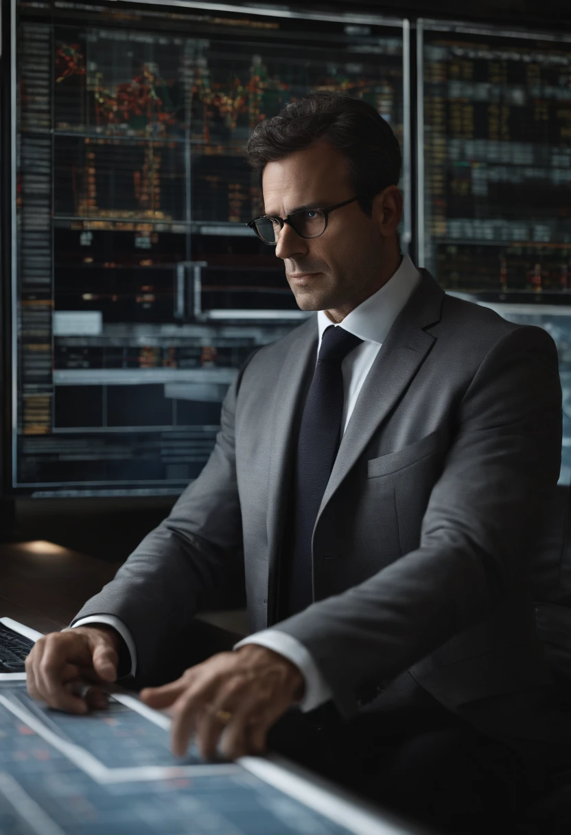 40-year-old French engineer, dressed in a grey suit, looking at a virtual screen with a complex nuclear power plant project schedule, ultra realistic image, type photographie, on distingue le grain de peau et les ombres sur le visage