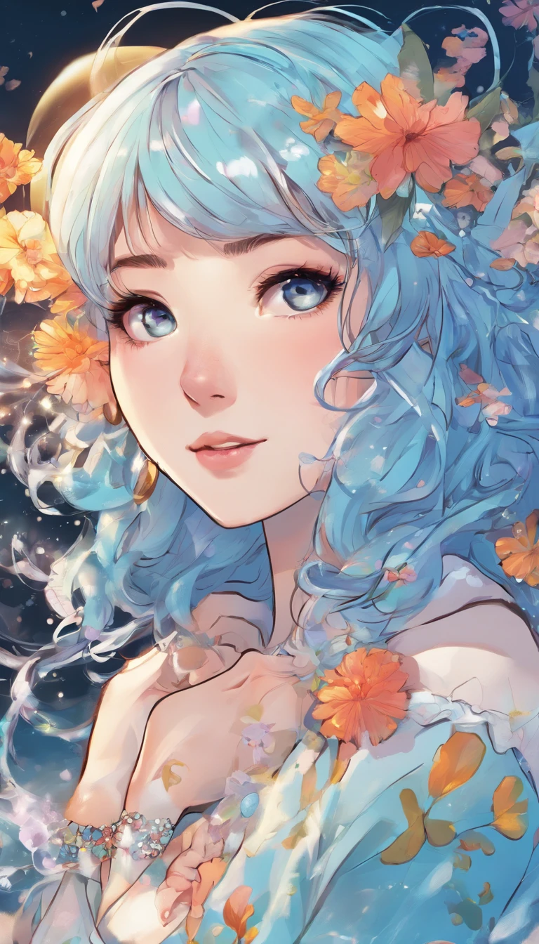 (Masterpiece), (Best Quality), (Ultra Detailed),(Ruffle your hair),(illustartion), (1girl), (trendy clothes), Standing, Model, looking a viewer, (interview), (Simple background), beautiful and gentle eyes, delicate beauty, Floating, (high saturation), (Colorful splash), colorful bubbles, (shine), Focus on the face, pony tail, Ayaka Kamisato, light-blue hair, Bangs, Hair circle, Floating flowers, floting hair, (glittering), better lighting, better shadow, full - body, Vista