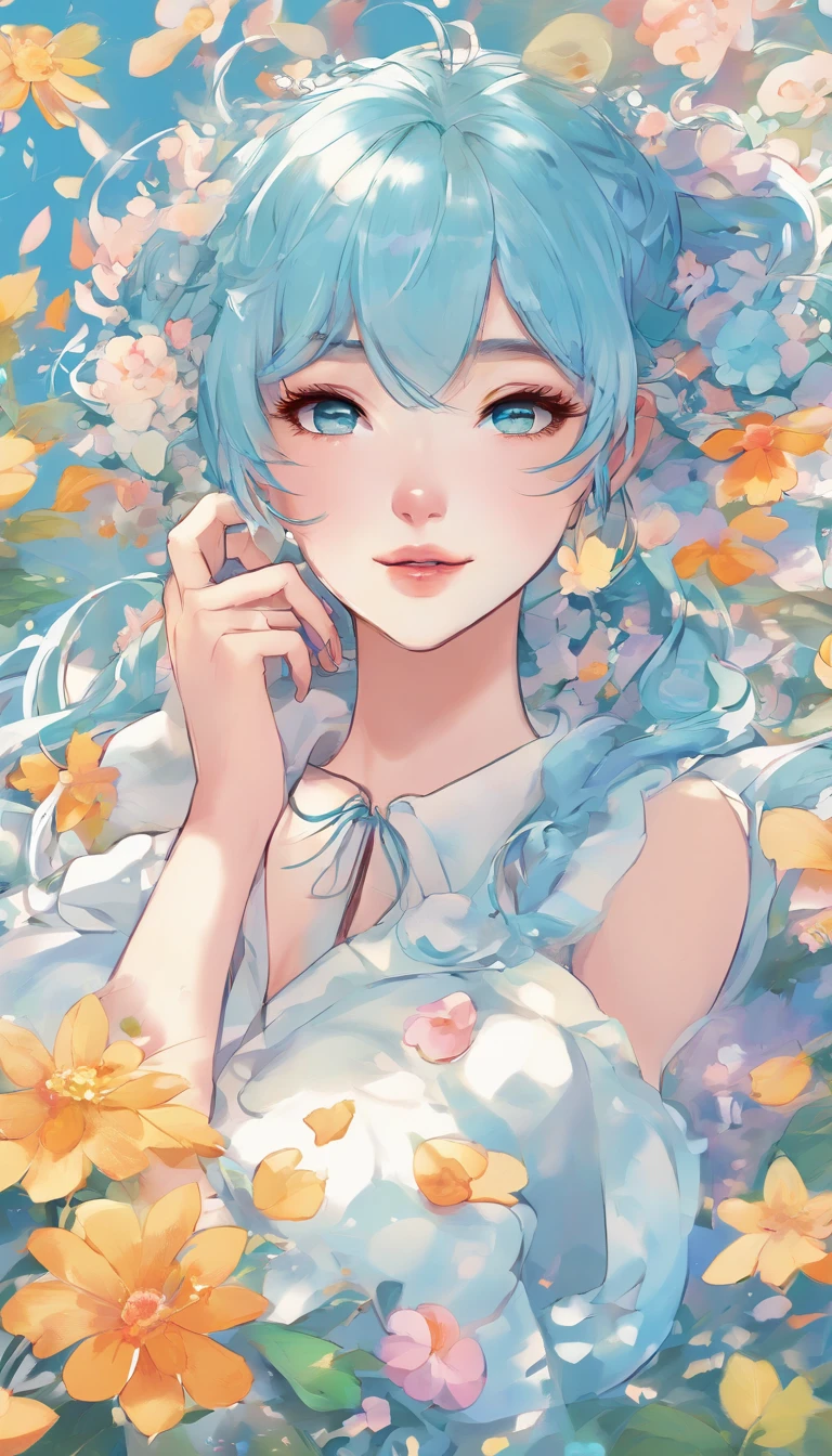 (Masterpiece), (Best Quality), (Ultra Detailed),(Ruffle your hair),(illustartion), (1girl), (trendy clothes), Standing, Model, looking a viewer, (interview), (Simple background), beautiful and gentle eyes, delicate beauty, Floating, (high saturation), (Colorful splash), colorful bubbles, (shine), Focus on the face, pony tail, Ayaka Kamisato, light-blue hair, Bangs, Hair circle, Floating flowers, floting hair, (glittering), better lighting, better shadow, full - body, Vista