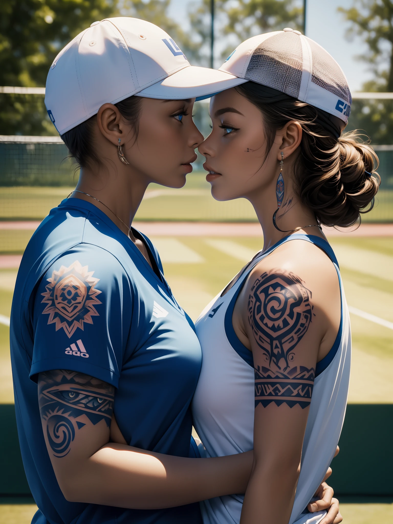 masterpiece, over the chest shot, close up of 1woman, 1woman, (tennis cap:1.2), blue eyes, (tribal (Lion) tattoo on cheek), tennis court background, (looking in camera), (side view), bokeh