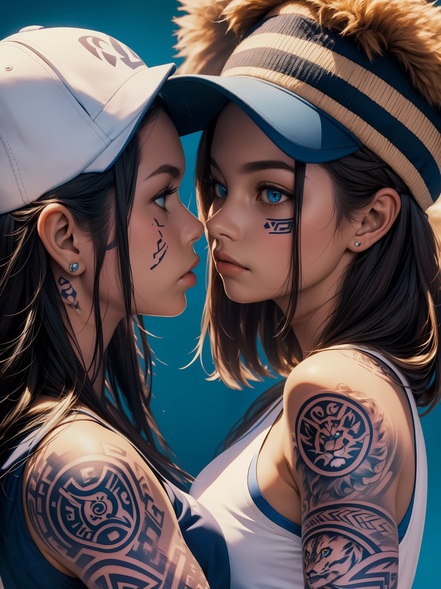 masterpiece, over the chest shot, close up of 1woman, 1woman, (tennis cap:1.2), blue eyes, (tribal (Lion) tattoo on cheek), tennis court background, (looking in camera), (side view), bokeh
