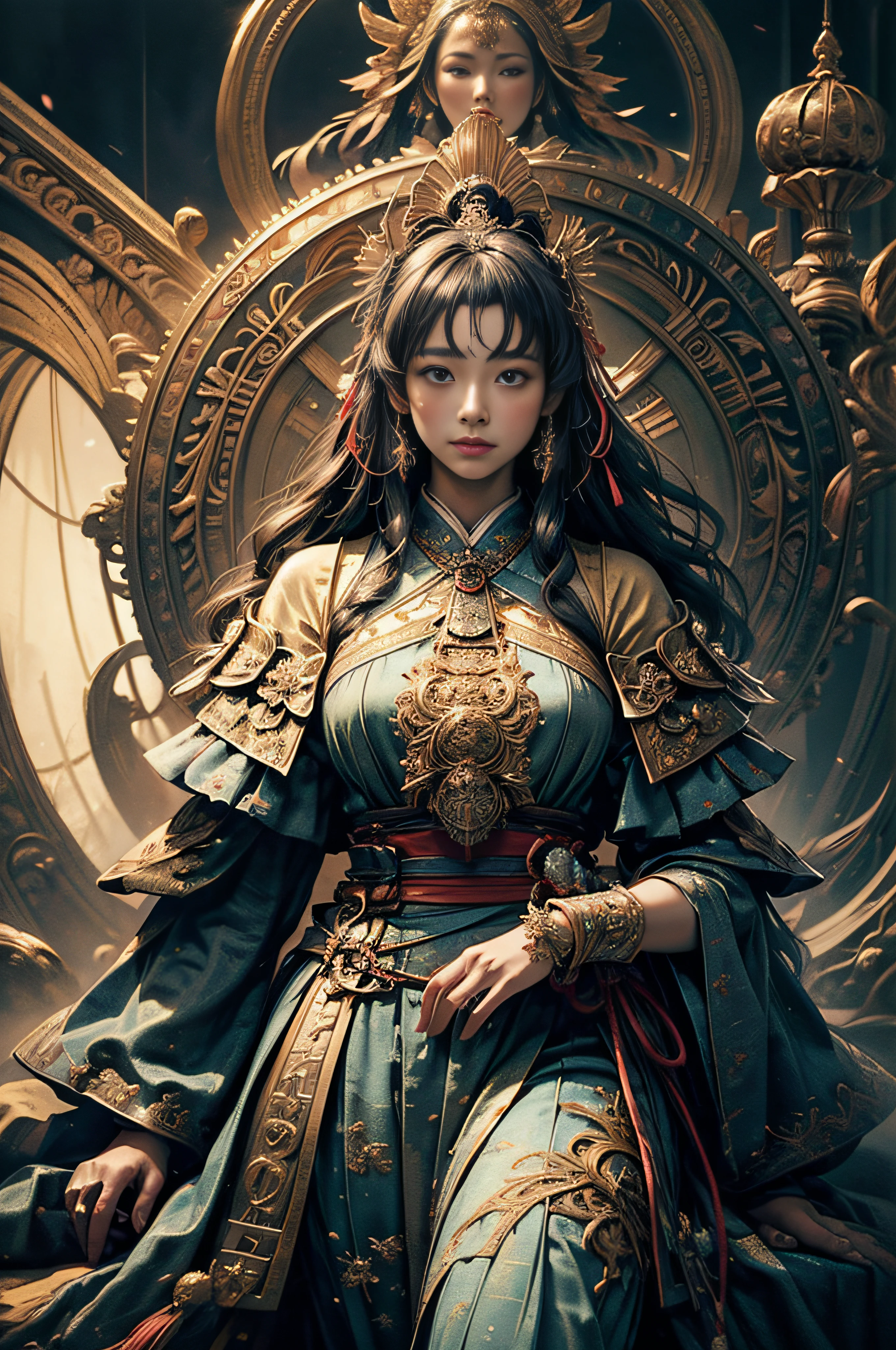 (masterpiece、top-quality、top-quality、Official art、Beautifully Aesthetic:1.2))、ighly detailed、(Fractal Art:1.3)、colourfull、highestdetailed Three Women The Three Priestesses Soft smile breasts are large Soft expression Black hair wave Japanese dress Komono Huge A dark-haired goddes