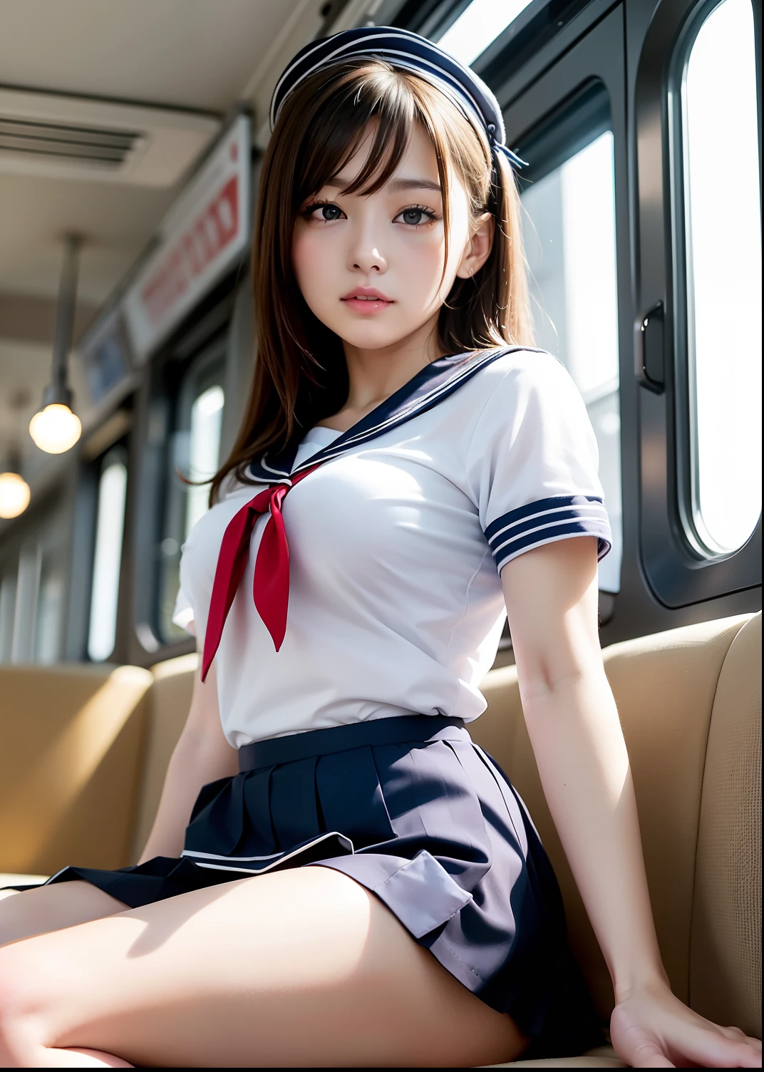 top-quality,ultra-detailliert,masterpiece,realisitic,Photo Real,Bright lighting,1 girl in, an extremely beautiful -yeld gi (kawaii:1.2),Thin smile, (Brown eyes),(brown haired),(bangss),short-cut、perfect glossy skin,flawless skin,((erotick,Sexy and sexually explicit)),((accurate hands without incongruity)), large full breasts,Cleavage emphasis、big breasts thin waist, Look at viewers,((a sailor suit)),((Short sleeve uniform white shirt)),(red necktie),(Blue Mini Pleated Skirt),(((skirt lift by yourself))),(lifted by self),(Showing panties),panties on,panties focus,((Sit up,spread legswide)), sockes, (Black knee socks),(Loafer shoes), during daytime,On the train,Horizontal long seat with your back to the window