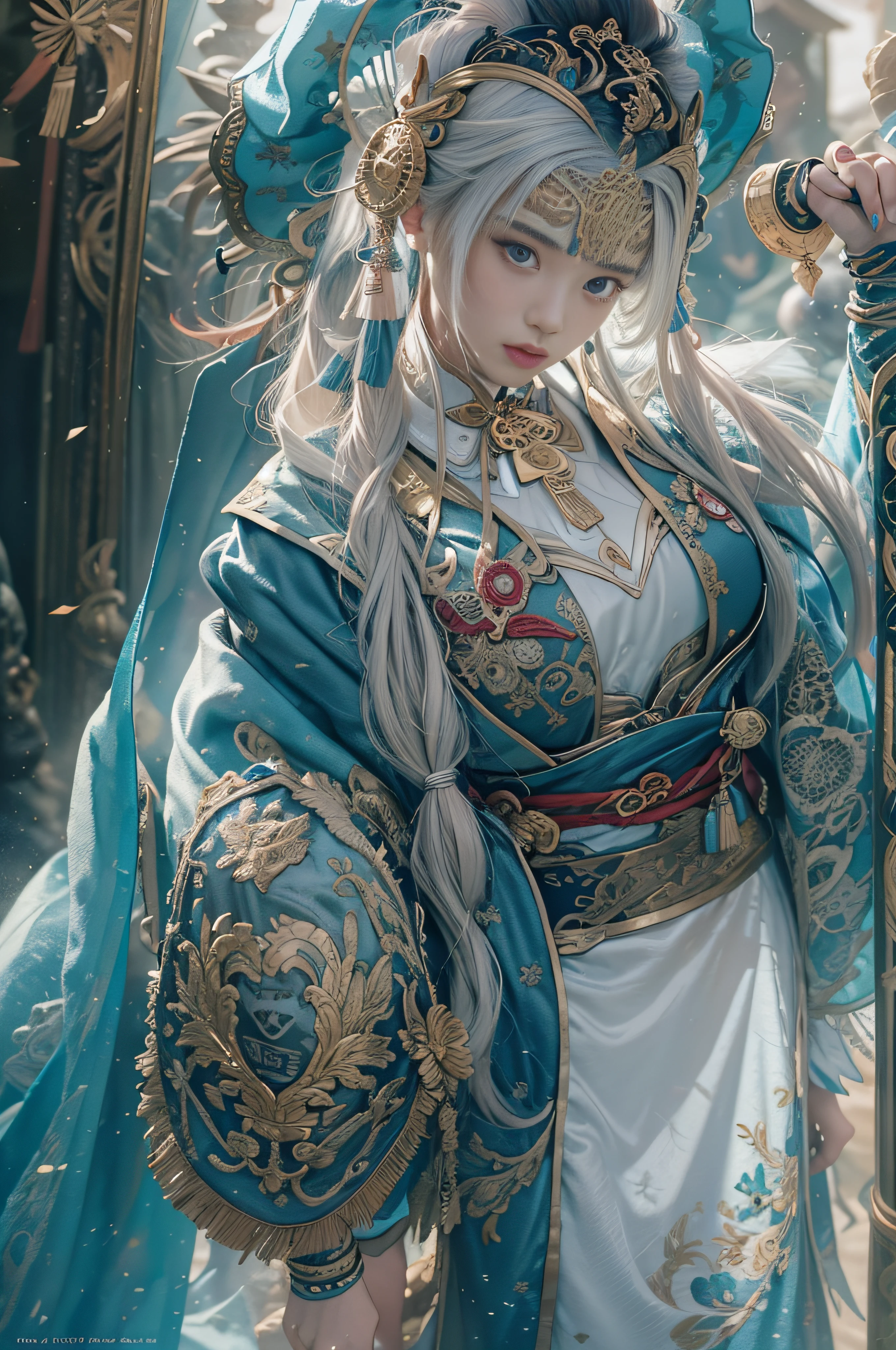 ((Jeizuo))),(((best qualit))),((ultra-detailliert)),(A hyper-realistic),(High Definition CG Illustration), Light,Lifelike,(ganyu),Very beautiful young lady,Whirlwind,A bell hangs on his chest,(Beautiful face and lips),Light makeup,Intricate Details EBA,beautiful hairl,blue cloak,Popular on ArtStation,Big thighs,fully body photo、Japanese Katana Sword、Japanese dress