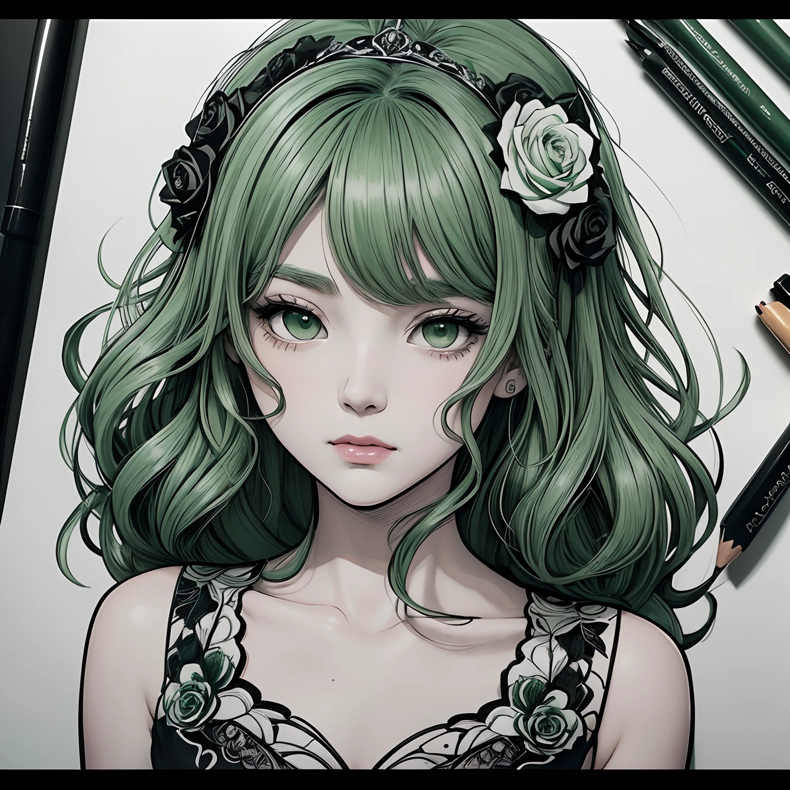 Black and pale green stick figure woman with rose flowers in background, loli in dress with roses, its fine ink line art, comic style, portrait of ploynesian woman, Hollywood glam, beautiful line art, black and pale green comic style, manga style, manga art style, pencil and ink caricature drawing, black and pale green coloring --auto