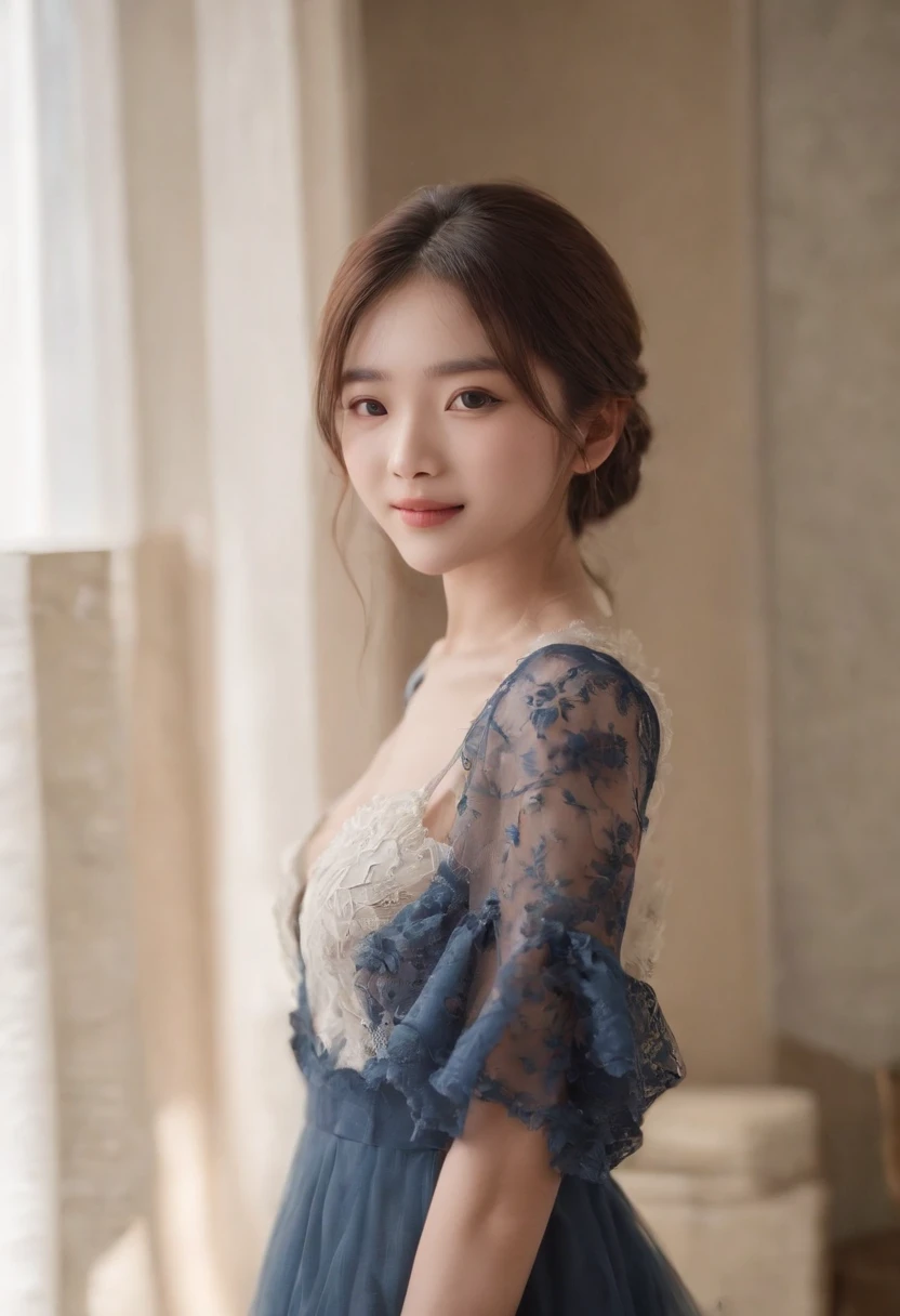 top-quality, Photorealsitic, masterpiece, 8K, Hi-Res, 独奏, 1girl in, (((infp young woman))),、full body Esbian、(small tits), ((Look at viewers)), (look at a camera), ((Different hairstyles close to long))、Perfect straight black hair、(((With bangs)))、 (profetional lighting), Highly detailed bright face、Gentle Japan girl、Lovely smile、Small cleavage、With lace、Blue dress(long-sleeve)、Standing in the room