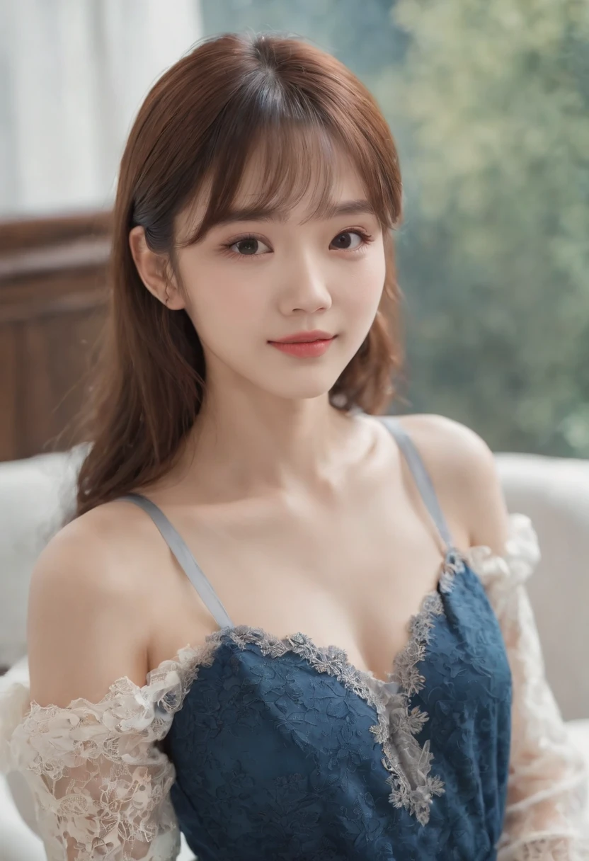 top-quality, Photorealsitic, masterpiece, 8K, Hi-Res, 独奏, 1girl in, (((infp young woman))),sixteen years old、full body Esbian、(small tits), ((Look at viewers)), (look at a camera), ((Different hairstyles close to long))、Perfect straight black hair、(((With bangs)))、 (profetional lighting), Highly detailed bright face、Gentle Japan girl、Lovely smile、Small cleavage、With lace、Blue dress(long-sleeve)、Standing in the room
