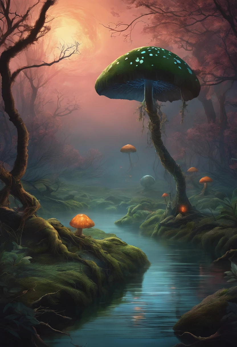 wandering through, there are eerie colorful mushrooms, mysterious fog, and twisted trees. The scene is captured in a beautiful digital art style. The image is of the best quality with 4K resolution. It is ultra-detailed and realistic, with professional studio lighting and vivid colors. The overall color tone is dark and moody, creating a sense of mystery. The moonlight casts a soft, ethereal glow on the swamp, illuminating the traveler's path. The traveler is wearing tattered clothes and carrying a lantern, adding to the atmosphere of the scene. The traveler's face is detailed, with a look of awe and curiosity in their eyes. They cautiously navigate through the swamp, stepping on moss-covered rocks and avoiding the treacherous marsh. The sound of croaking frogs and distant whispers fills the air, enhancing the creepy ambiance. The mist slowly moves across the swamp, adding an element of unpredictability to the scene.