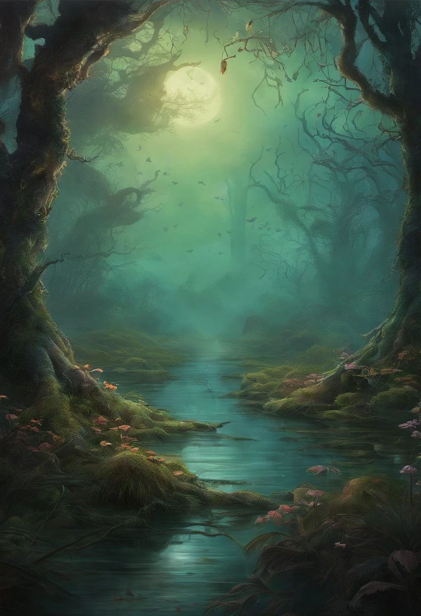 wandering through, there are eerie colorful mushrooms, mysterious fog, and twisted trees. The scene is captured in a beautiful digital art style. The image is of the best quality with 4K resolution. It is ultra-detailed and realistic, with professional studio lighting and vivid colors. The overall color tone is dark and moody, creating a sense of mystery. The moonlight casts a soft, ethereal glow on the swamp, illuminating the traveler's path. The traveler is wearing tattered clothes and carrying a lantern, adding to the atmosphere of the scene. The traveler's face is detailed, with a look of awe and curiosity in their eyes. They cautiously navigate through the swamp, stepping on moss-covered rocks and avoiding the treacherous marsh. The sound of croaking frogs and distant whispers fills the air, enhancing the creepy ambiance. The mist slowly moves across the swamp, adding an element of unpredictability to the scene.
