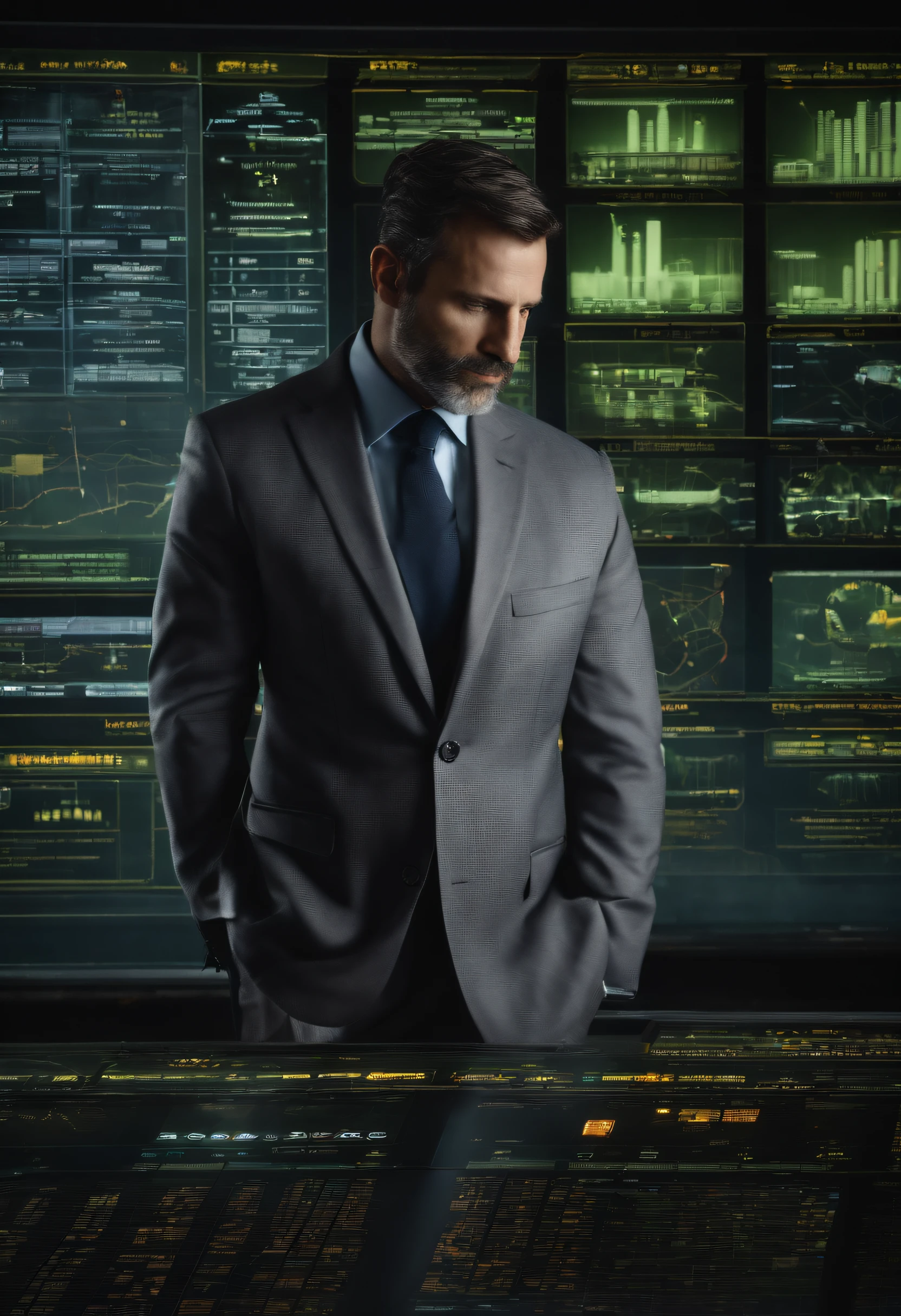40-year-old French engineer, dressed in a grey suit, looking at a virtual screen with a complex nuclear power plant project schedule, ultra realistic image, type photographie, on distingue le grain de peau et les ombres sur le visage