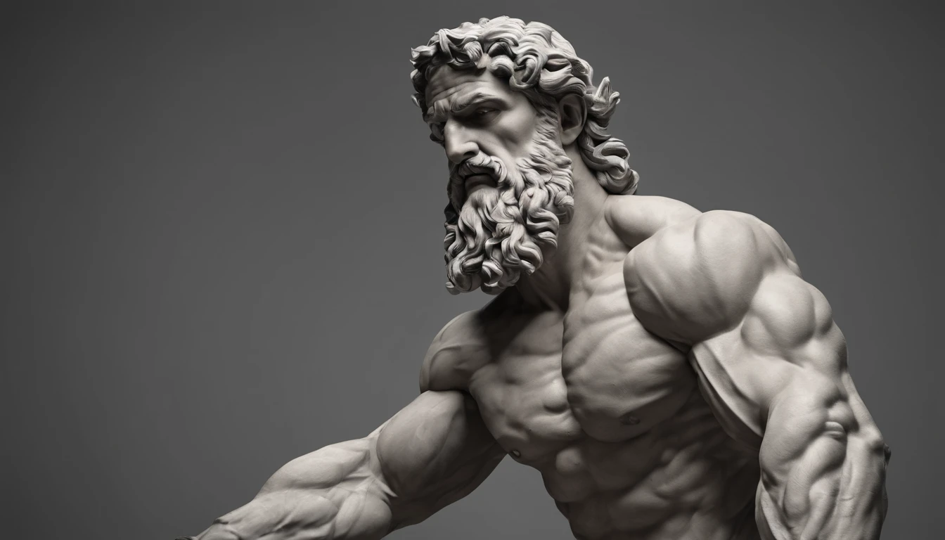 stoic greek statue with very muscular body in profile, strong arms, style hercules, cinematic, 8k, dark background GRECE