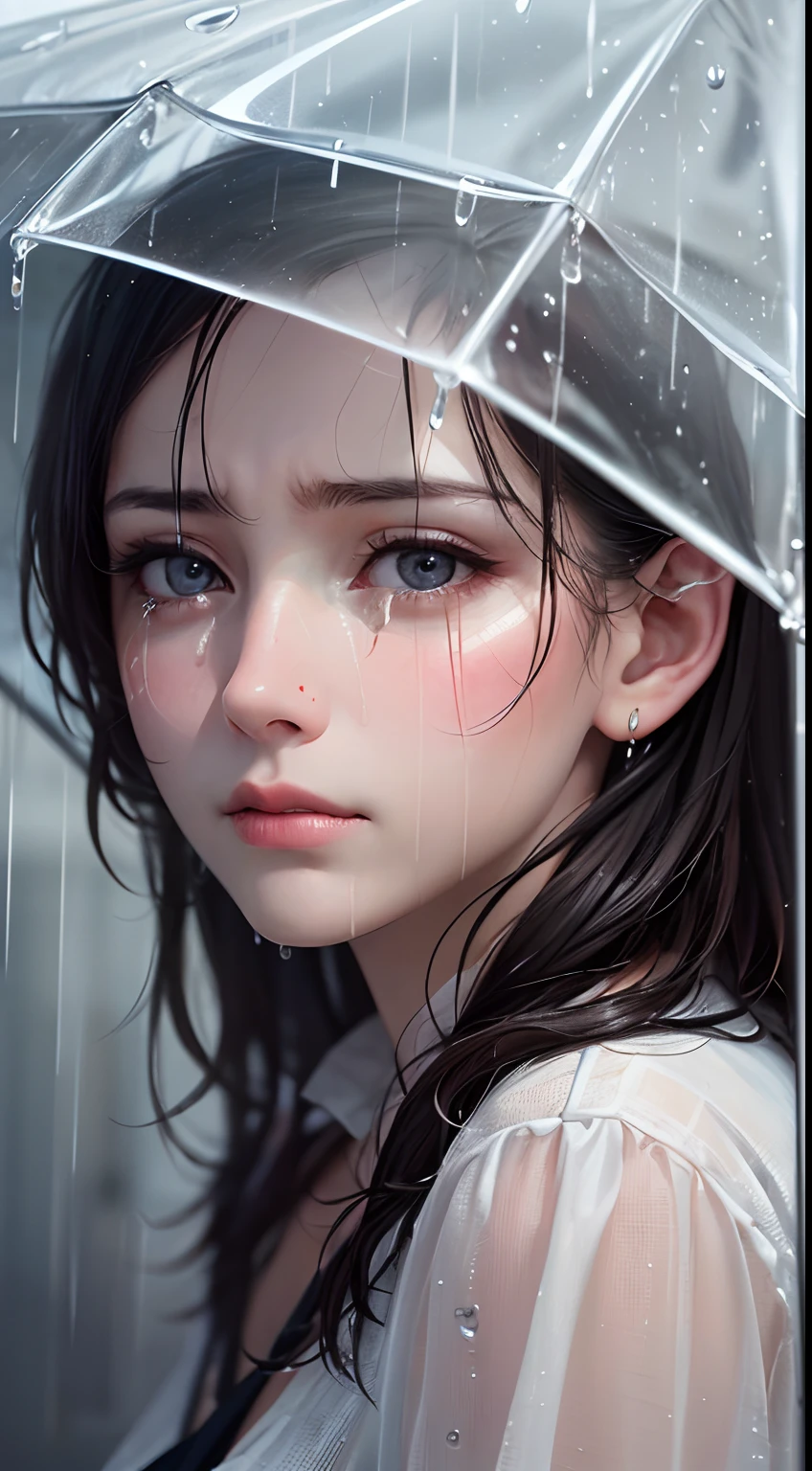 (Best quality, 4k, Masterpiece :1.3), pretty woman, 1girl, sexy :1.1, dark brown hair: 1.1, (rainy wet, wet from rain, wet body :1.2), white tank tops, ultra-detailed face, detailed lips, detailed eyes, double eyelid