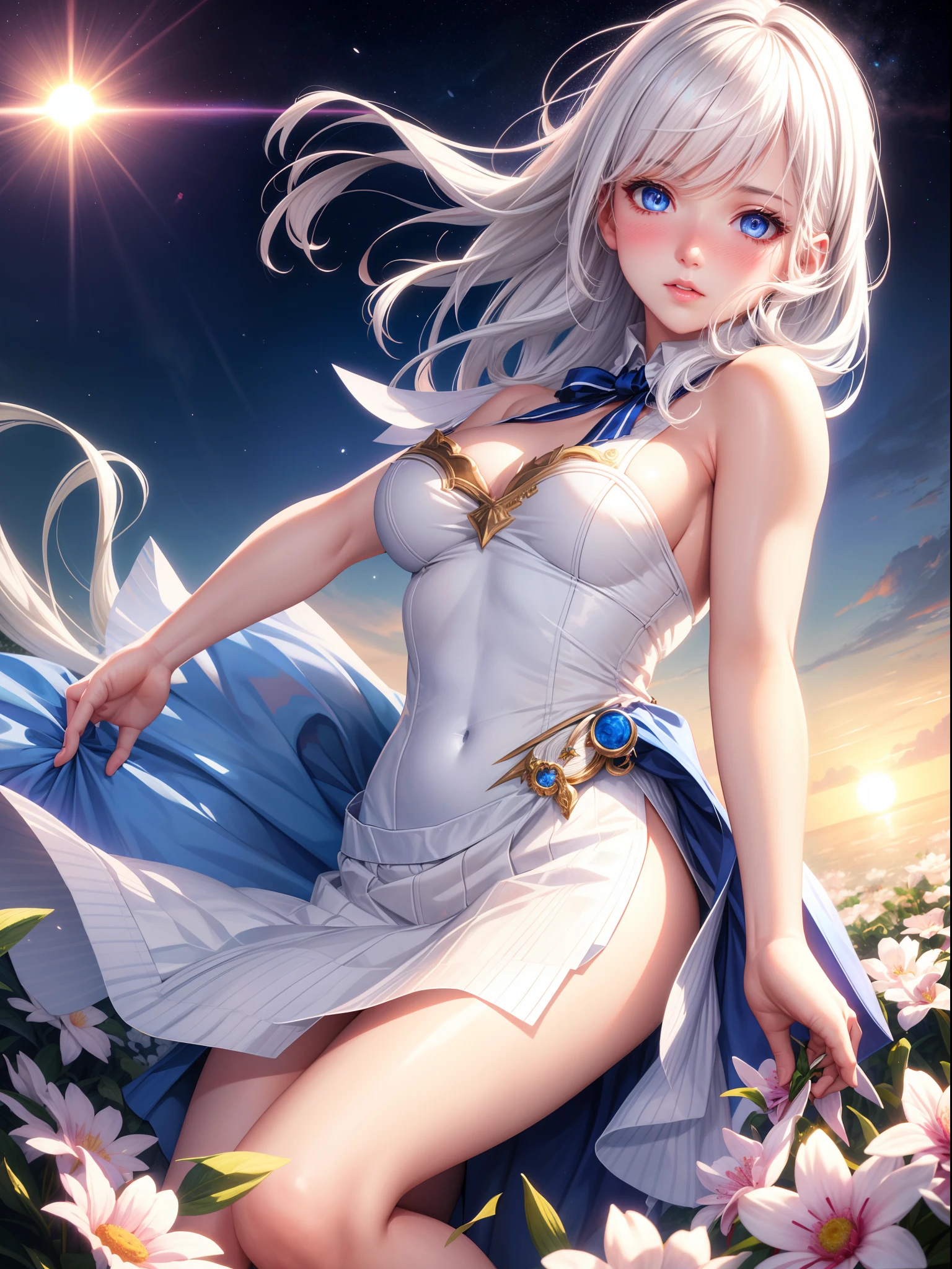 realistic, 1girl, white hair, blue eyes, glowing eyes, skirt, parted lips, blush, night, flowers, sun, sunlight, cowgirl position,
