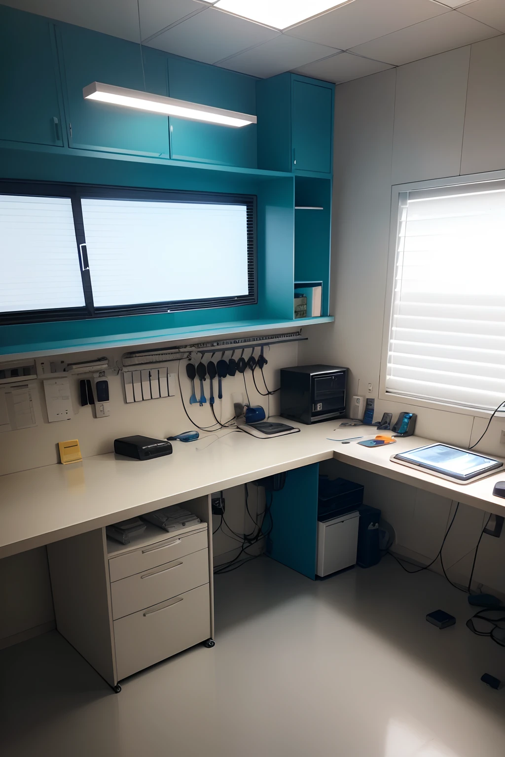 Describe a meticulously organized and highly professional scene of a cell phone maintenance station. Imagine a spacious workbench, perfeitamente iluminada e organizada, intended for the repair of mobile devices. The scene is a model of efficiency and functionality for specialized technicians.
No centro da bancada, there is a clean and scratch-resistant work surface, iluminada por luzes brilhantes, providing clear and sharp vision for technicians. The bench is made of material resistant to electrical discharges and has several organizing compartments, each with a specific purpose.
The scene is completed by skilled technicians, wearing anti-static protective clothing and gloves. Each technician works with precision and concentration, seguindo procedimentos rigorosos de reparo. The atmosphere is quiet, except for the soft hum of the machines. The goal is clear: Restore faulty mobile devices to their optimal functionality. Attention to detail and dedication to excellence are visible in every aspect of this state-of-the-art cell phone maintenance station