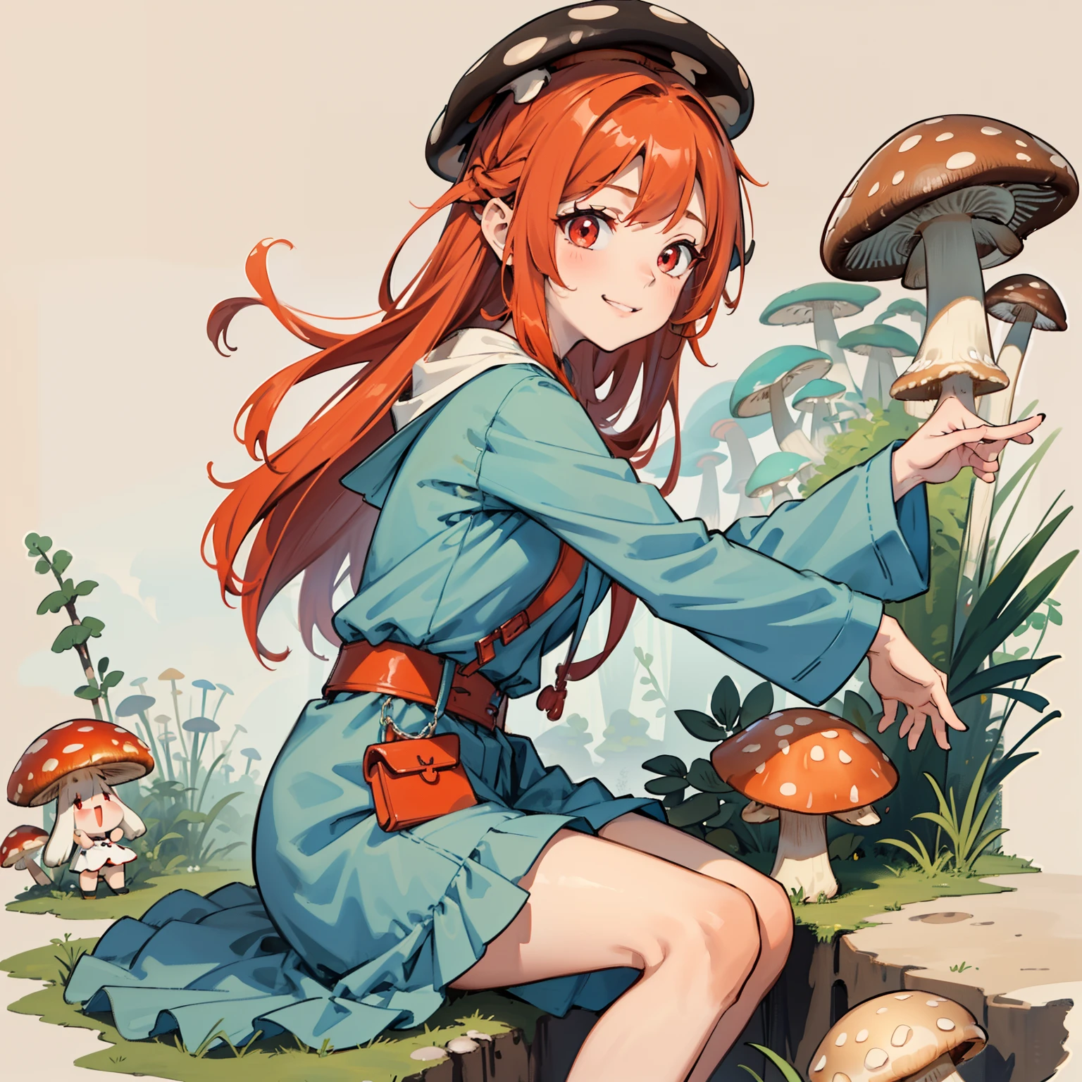 1girll, Long orange-red hair, Red eyes, dress, (Solo:1.3),Simple drawing, Mushrooms and girls, Cute, Big smile, Mushrooms + Mushrooms + Mushrooms + Mushrooms + Mushrooms,Red mushrooms，Cyan mushrooms，White mushrooms，From the side Side，Dancing，Watercolor illustration, Perfect anatomy, Masterpiece, Best quality, 1girll, ,Nature, landscape