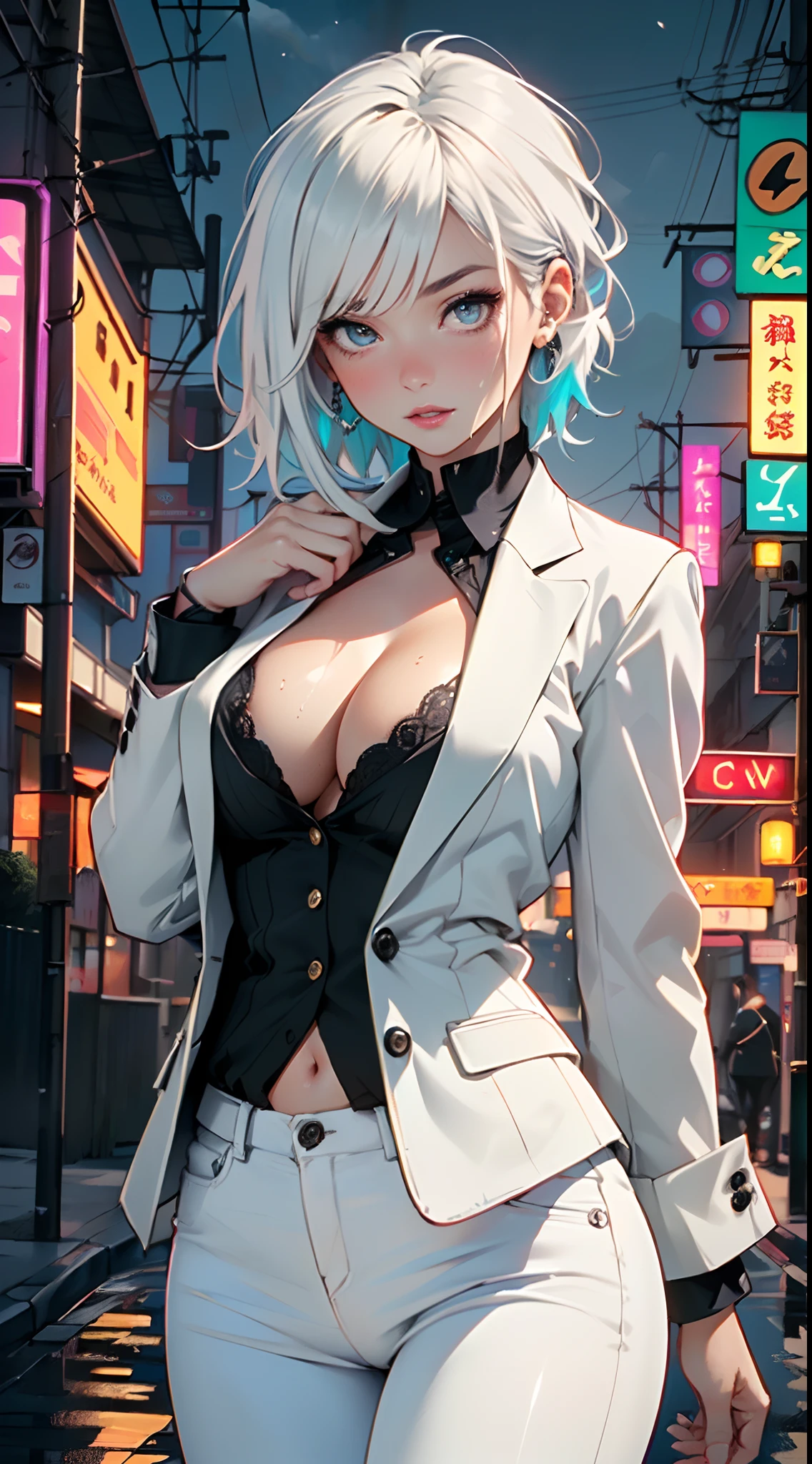 cute albino girl,(((1girl))),((albino girl with extremely cute and beautiful white hair)),

(small breasts:1.4),(((white hair:1.35,colored inner hair,ear breathing,small white hair,tomboy haircut))),((heterochromia:1.5, (aqua_eye and white_eye))),intricate eyes,beautiful detailed eyes,symmetrical eyes,((fat)),(((pale skin,lustrous skin:1.5,bright skin: 1.5,shiny skin,very shiny skin,shiny body,plastic glitter skin,exaggerated shiny skin,illuminated skin,wet legs))),(spider lower abdomen,narrow waist,wide hip,athletic body,inflated legs,detailed body,(detailed face)),

cute,slutty,seductive,erotic,(((nsfw))),

(((wearing white formal blazer,white pants,))),(((huge cleavage))),((wet clothes,intricate outfit,intricate clothes)),

(dynamic pose:1.0),solo focus,embarrassed,(centered,scale to fit dimensions,Rule of thirds),

cyberpunk city by the ocean at night, with bright neon signs and dark stormy clouds and puddles, scenery:1.25,

artistic photography,(photography taken by sldr),highres, sharp focus, (ultra detailed, extremely detailed), (photorealistic artwork:1.37),(extremely detailed CG unity 8k wallpaper),((synthwave background theme)),(((vibrant colors))),(intricate background),(masterpiece),(best quality)
