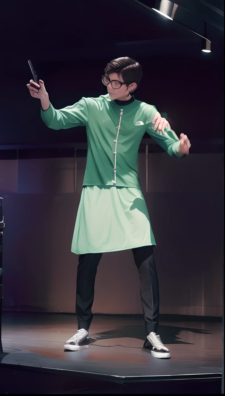 1 boy Green shirt, glasses, black pants, realistic HD