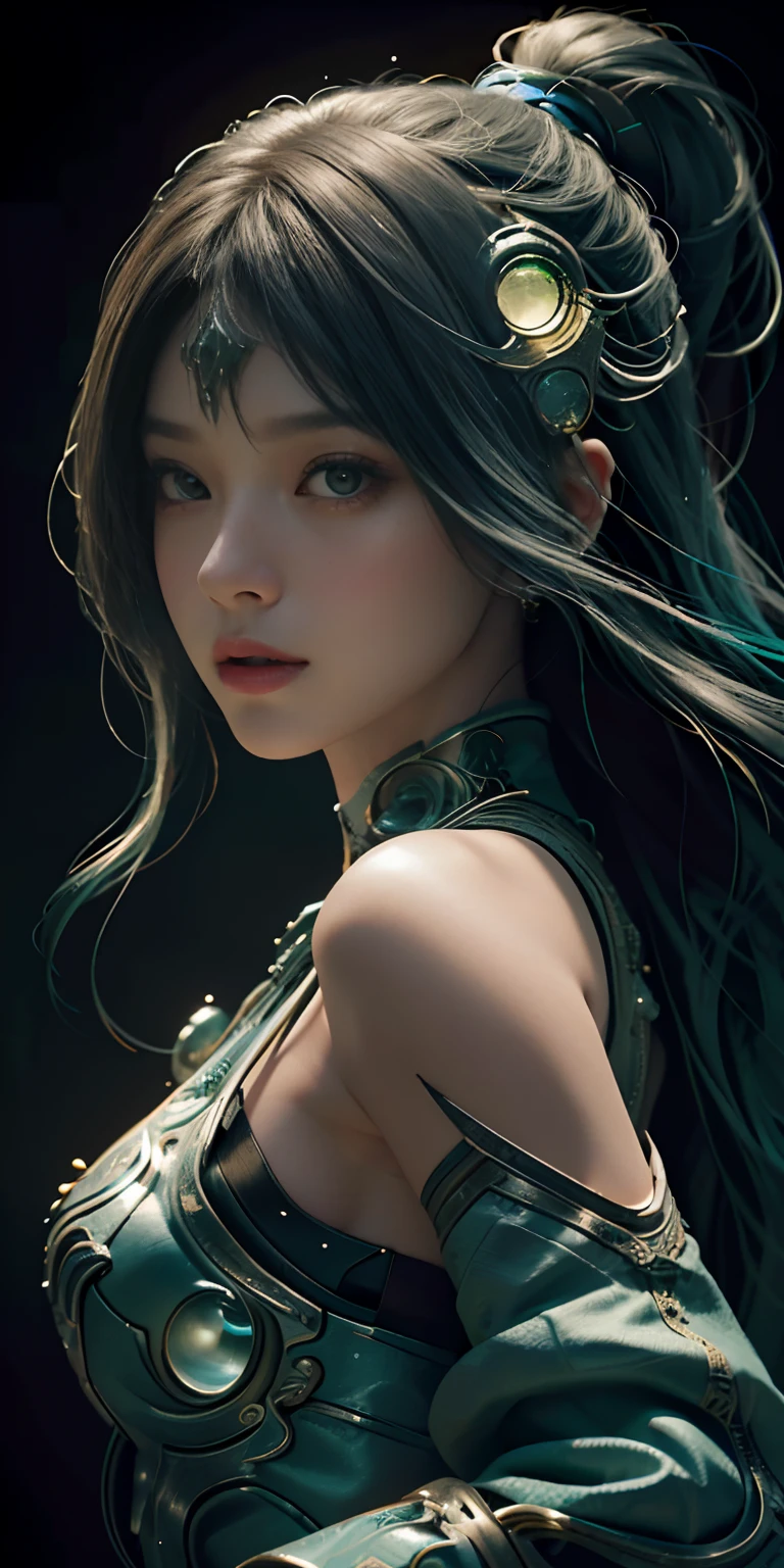 Highest image quality, outstanding details, ultra-high resolution, (realism: 1.4), the best illustration, favor details, highly condensed 1girl, with a delicate and beautiful face, dressed in a black and green mecha, wearing a mecha helmet, holding a directional controller, riding on a motorcycle, the background is a high-tech lighting scene of the future city.