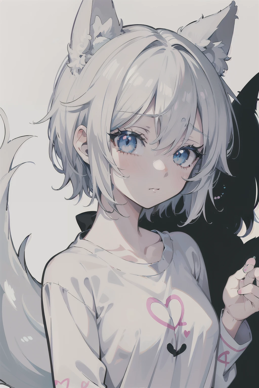 High quality, 1girl, ((((Candy Candy anime style)))), (wolf girl, wolf ears, wolf tail), animal ears, animal tail, ((((short hair)))), ((silver white hair)), hair clip, ((hair tap eye)), ((blue eyes)), long eyeslashes, eyeliner, (((small breasts, old pijama))), ((worried, sad expression, mellancholic look, blue eyes)), (white background), closed_mouth, blush, eyelashes, detailed shadows, detailed body, detailed eyes, detailed lines, (((manga style, anime coloring, 4K))).