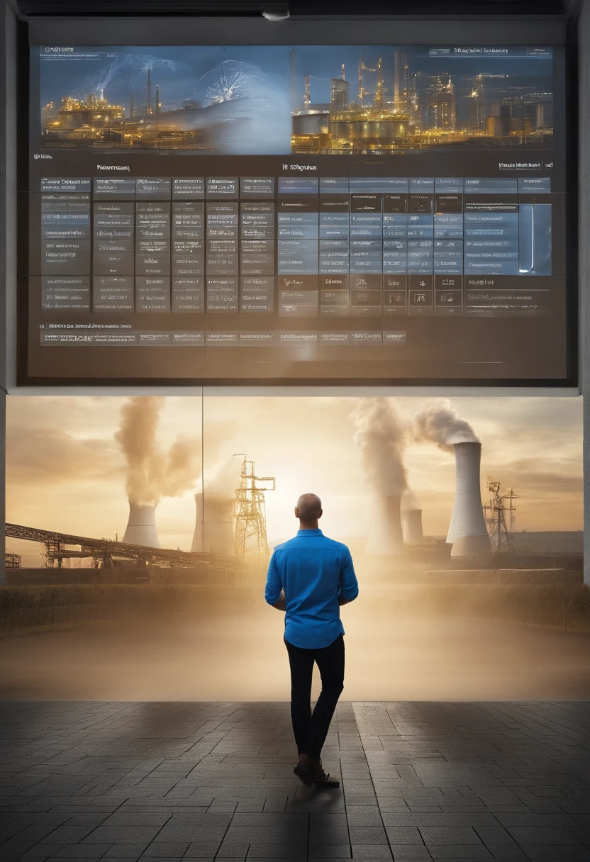 40-year-old French engineer, dressed in black pants and a blue shirt, Sleeves rolled up, looking at a very wide and large virtual screen with a complex nuclear power plant project schedule, ultra realistic image, type photographie, on distingue le grain de peau et les ombres sur le visage