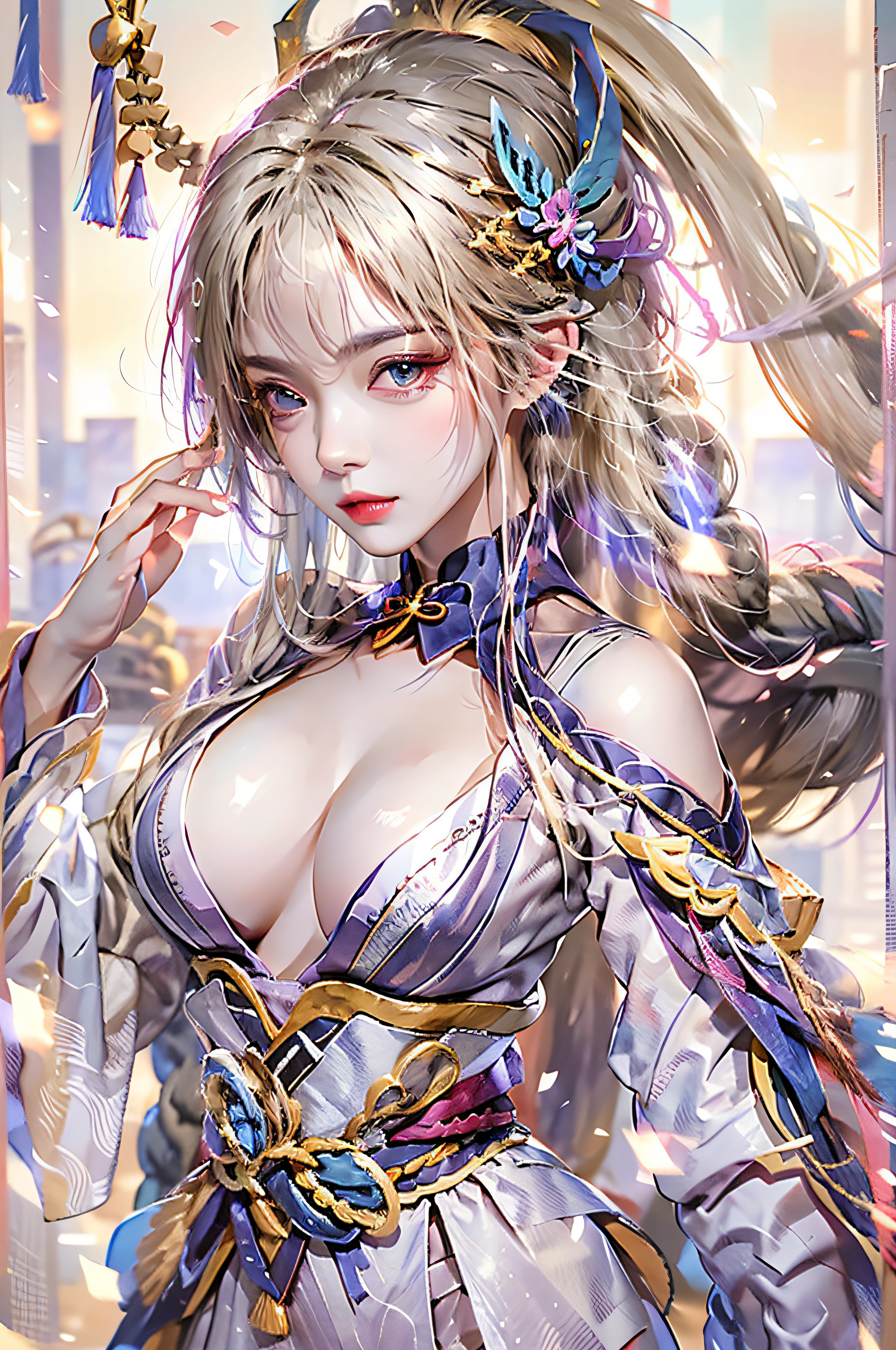 Photorealistic, High resolution, 1人の女性, hips up high, Blonde hair, Blunt bangs, 1 braid, Wide sleeves, Hair Ornament, Beautiful eyes, huge udder, Moon General Costume、full body Esbian、A bell hangs on his chest