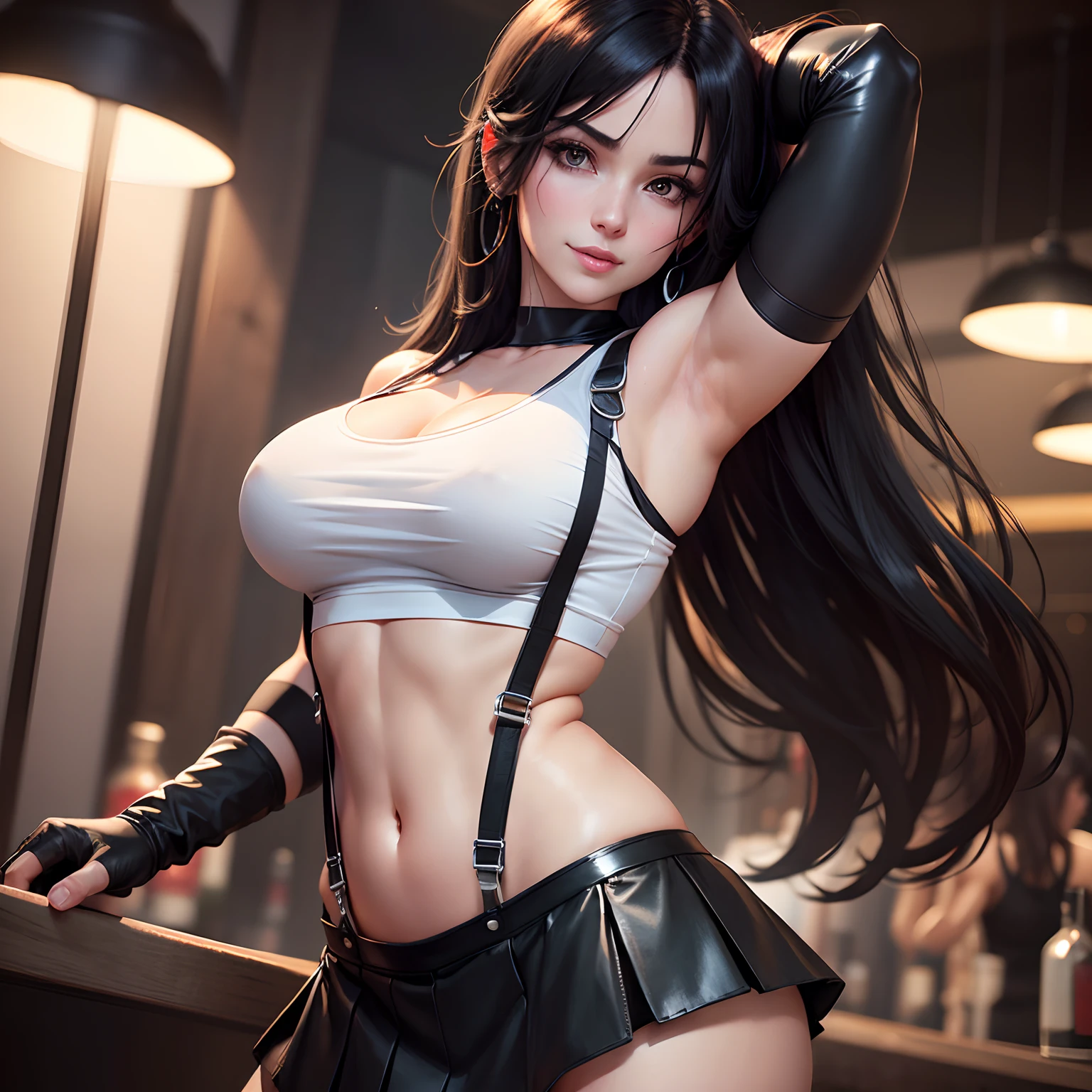 8k,masterpiece, bset quality,big, (1 girl), tifa lockhart, red_eyes, black hair, long hair, shiny skin, shiny big, ((best quality)), crisp focus: 1.2, highly detailed face and skin texture, detailed eyes, perfect face, perfect body, art, cg, blur background, big with presence, (20yo, Mature cool and beautiful face), wearing (((suspender black skirt)),(( black elbow gloves, white taut shirt, thigh, white tank top, navel, blush)), jukebox, old bar, upper body, smile, professional light source, fluttering hair, dynamic, random angle,