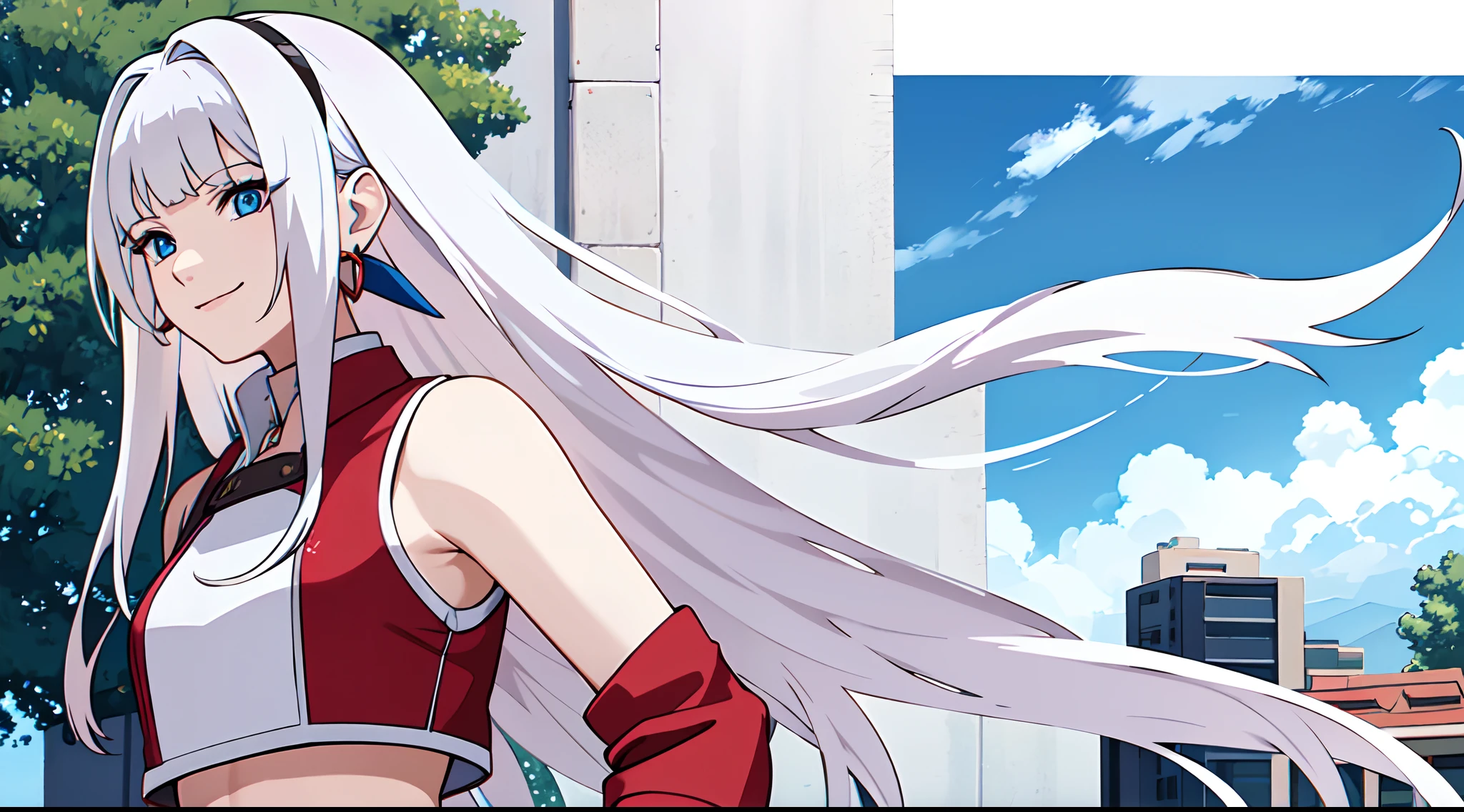 masterpiece, best quality, 1girl, very long white hair, bangs, blue eyes, red crop top, black shorts, mesh undershirt, light smile, earrings, blue sky, outdoors, close up